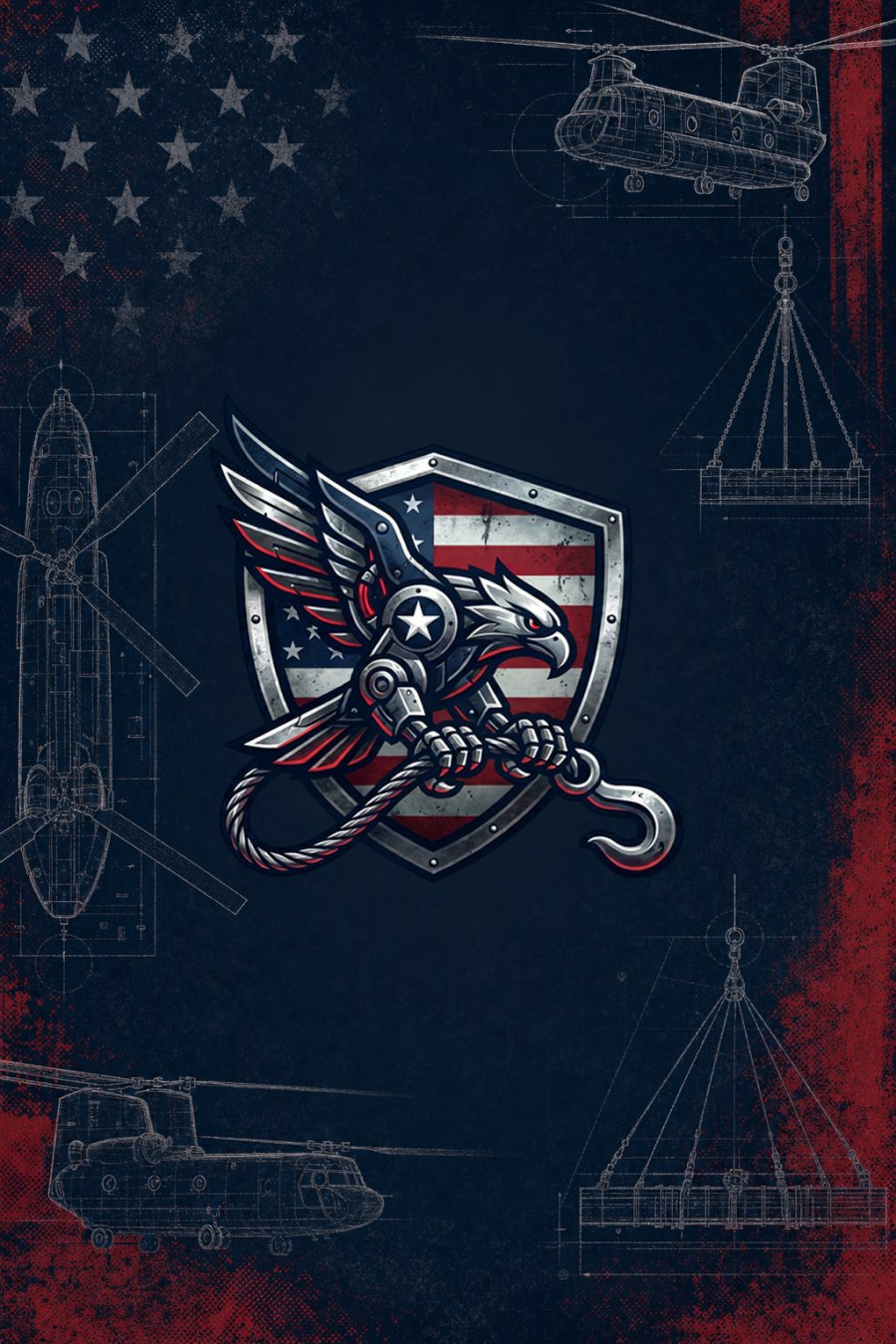 American Heavy Lift Helicopters eagle emblem over heavy lift helicopter blueprint schematics