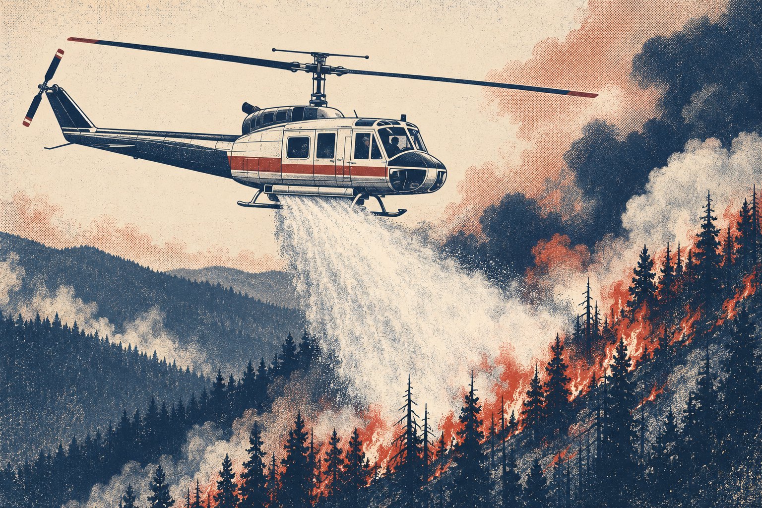 Illustration of a civil Bell 205A-1 in a low hover along a burning forest ridge, releasing water from a shallow fixed belly tank mounted flush against the underside of the fuselage between the skids, the water falling in a wide continuous curtain onto flame and smoke below