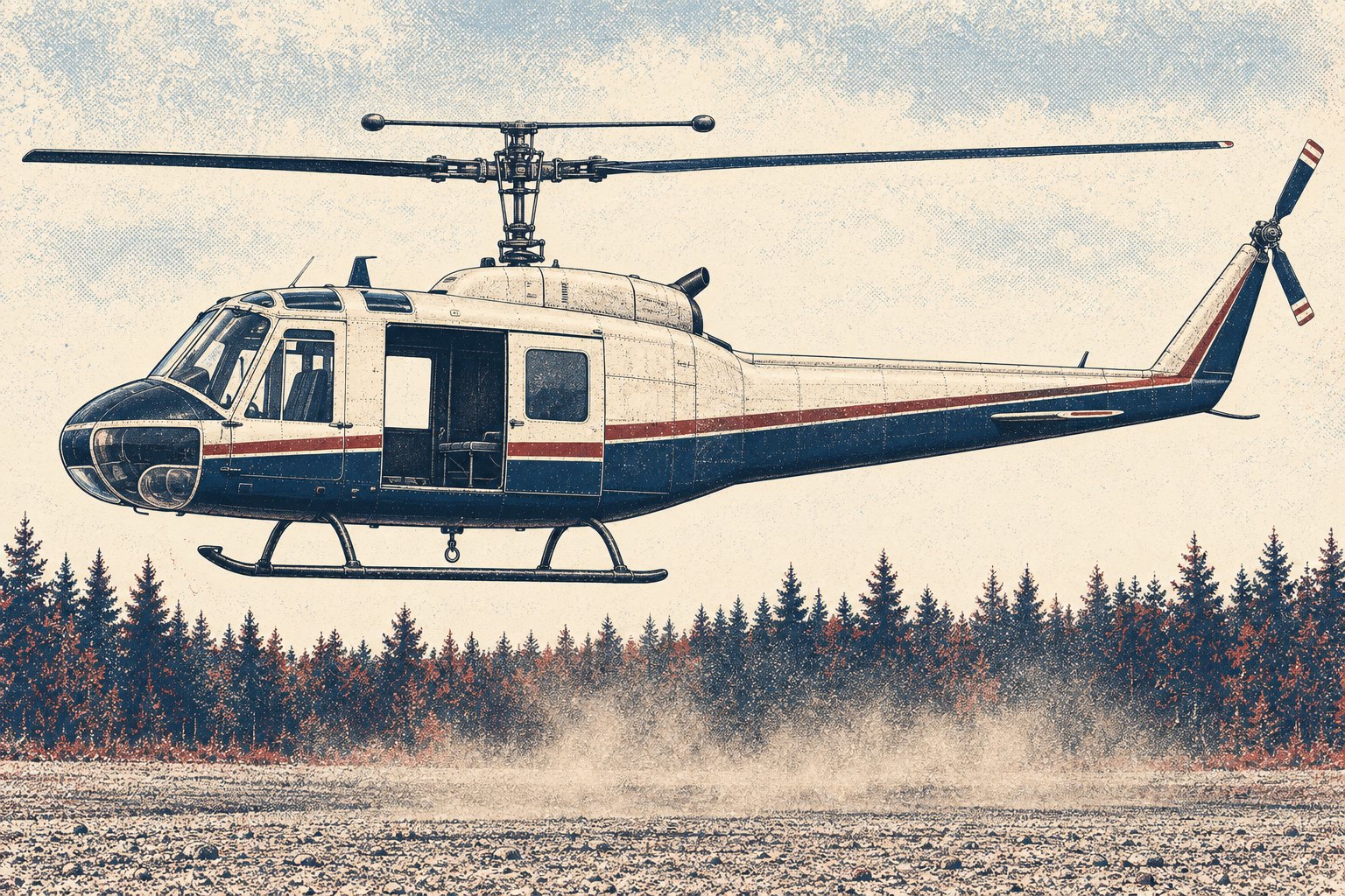 Side-profile illustration of a civil Bell 205A-1 in a low hover over a gravel pad at the edge of a conifer forest, showing a two-blade main rotor with a weighted stabilizer bar above the head, a single exhaust stack behind the rotor mast, a glazed greenhouse cockpit with chin bubble windows, an open sliding cabin door, tubular skids, an empty belly cargo hook on the centreline, and a two-blade tail rotor on the left side of the fin
