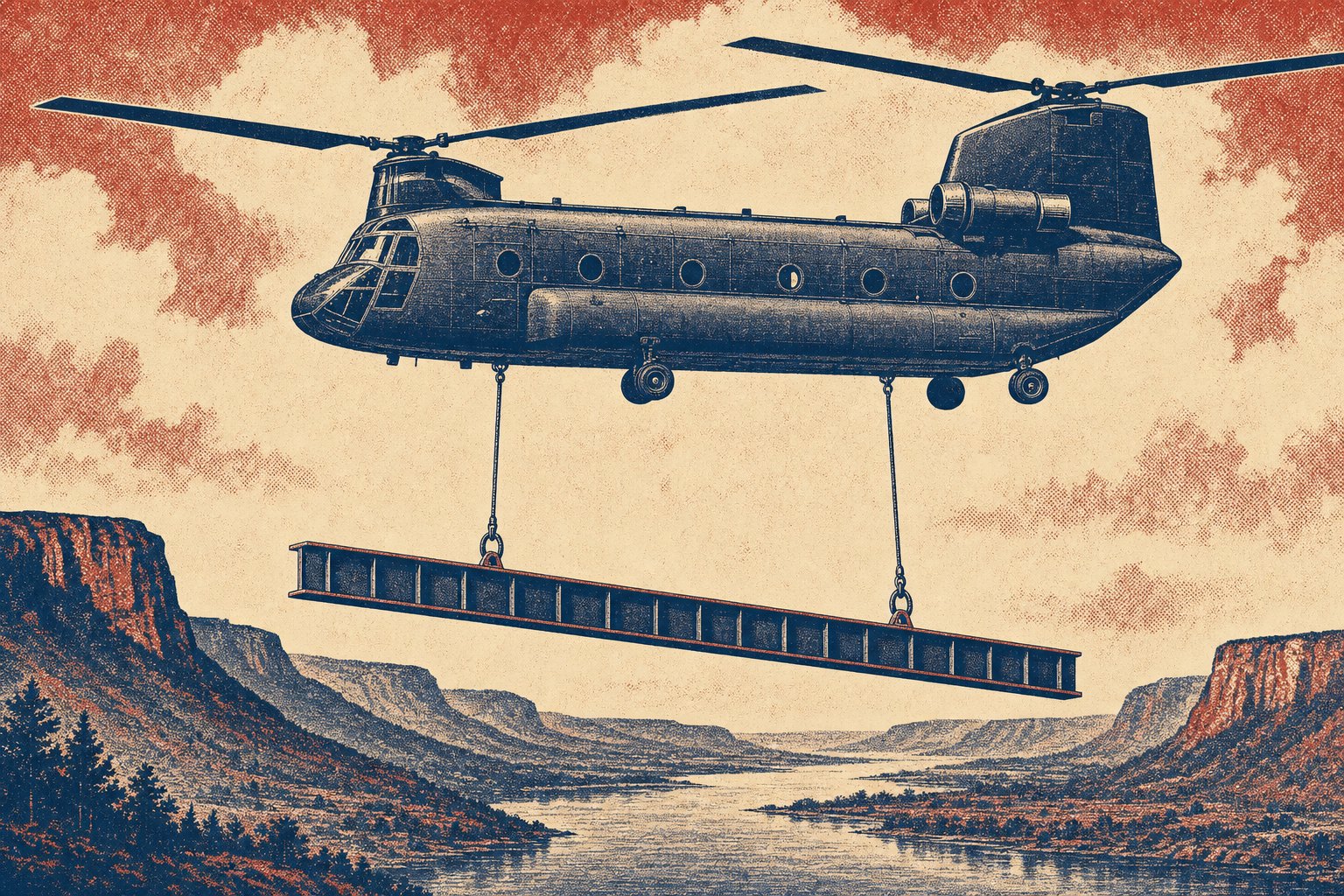 Illustration of a Boeing CH-47 Chinook in a hover above a river valley carrying a long steel plate girder horizontally on two separate lines, one dropping from the forward belly hook and one from the aft belly hook on the fuselage centreline, the girder hanging slightly nose high with steel shackles closing over lifting lugs at each end
