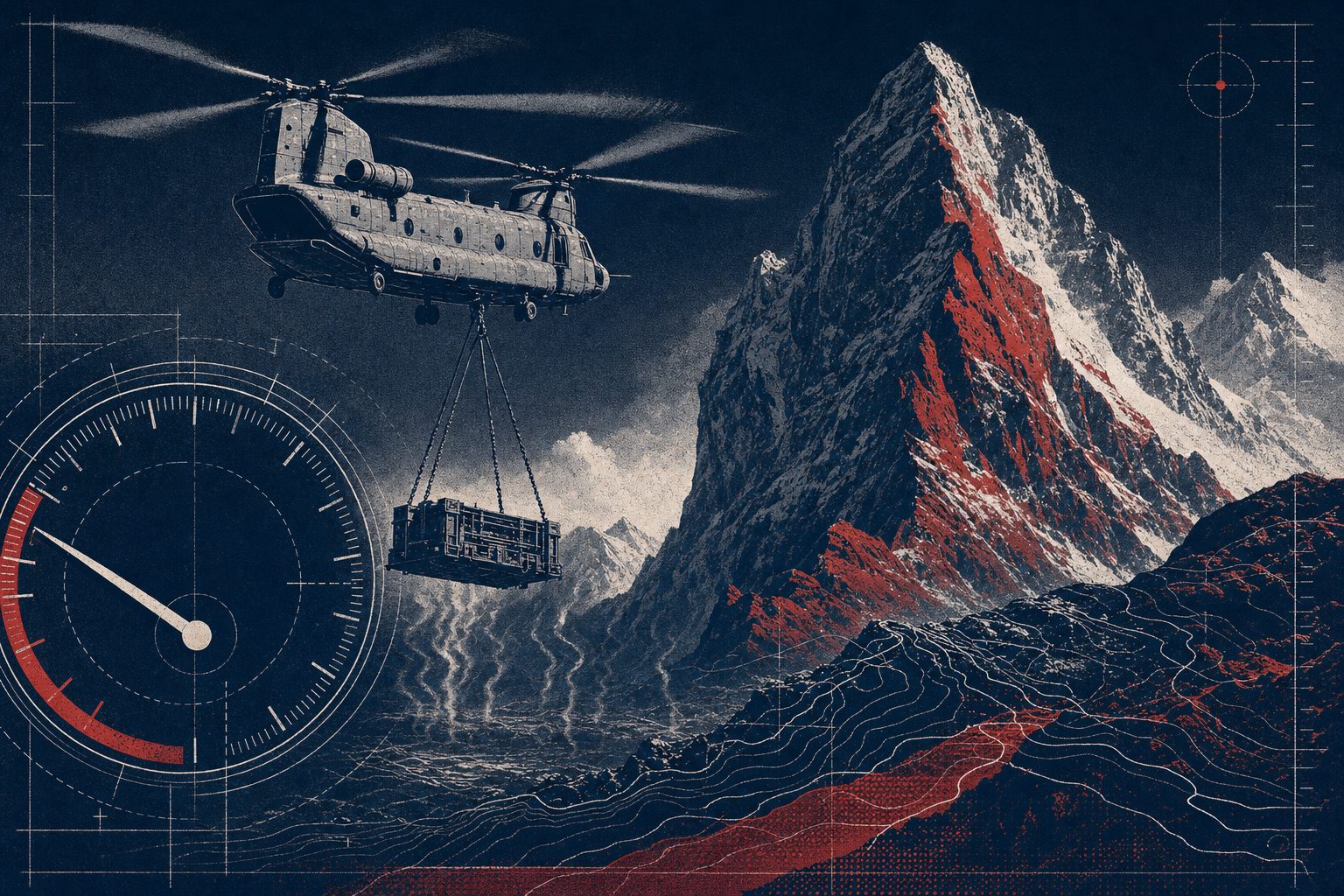Industrial screenprint illustration of a heavy lift helicopter working a longline over a high desert mining bench under a hot sky, evoking the thin air of high density altitude