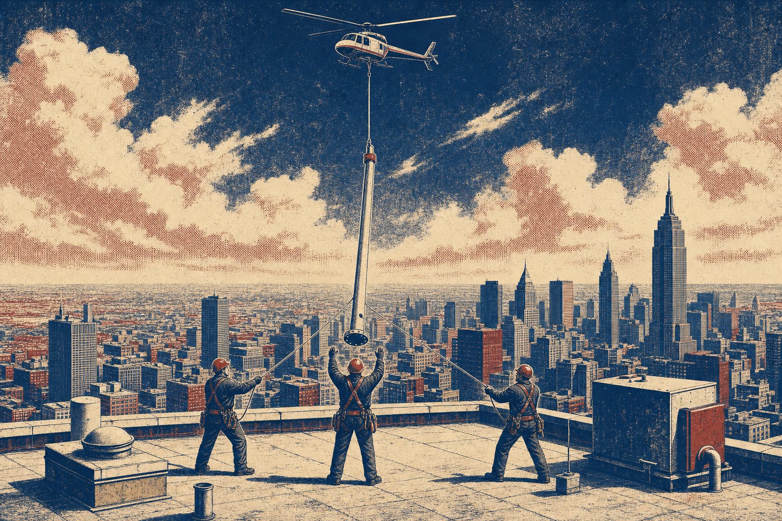 Three riggers in hard hats standing on the roof deck of a downtown high-rise, steadying a slender vertical antenna section with tag lines as it descends on a long line from a helicopter high above, city rooftops and streets far below