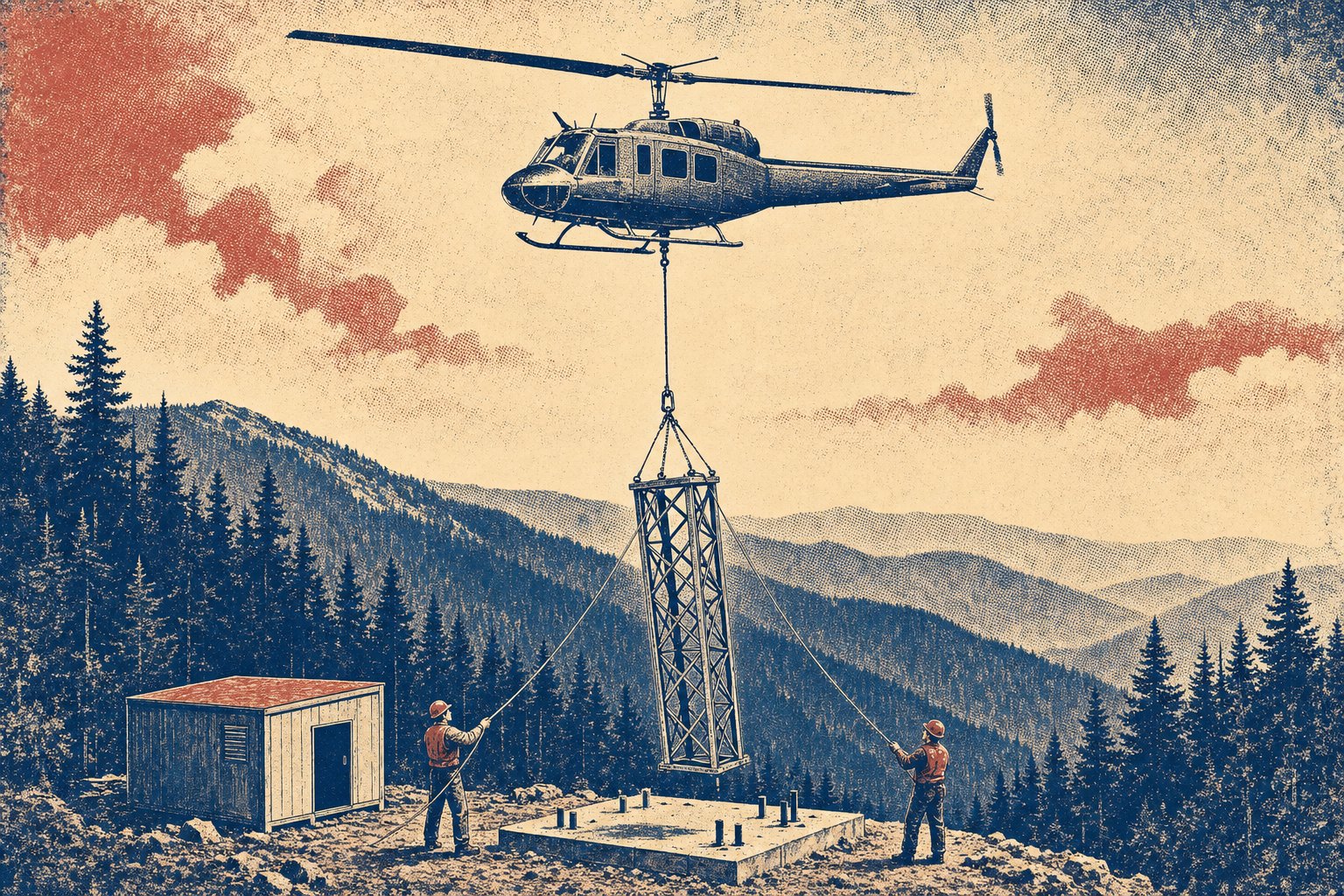 A medium helicopter hovering above a forested ridge line, lowering a square steel lattice tower section on a longline toward a concrete foundation where two ground crew in hard hats wait with tag lines, an equipment shelter already set beside the pad