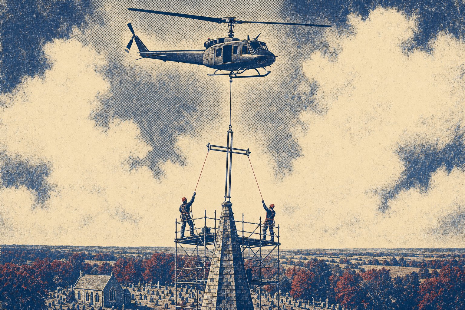 A single-engine medium helicopter in a high hover lowering a slender metal cross on a long line toward two riggers standing on staging at the top of a church spire