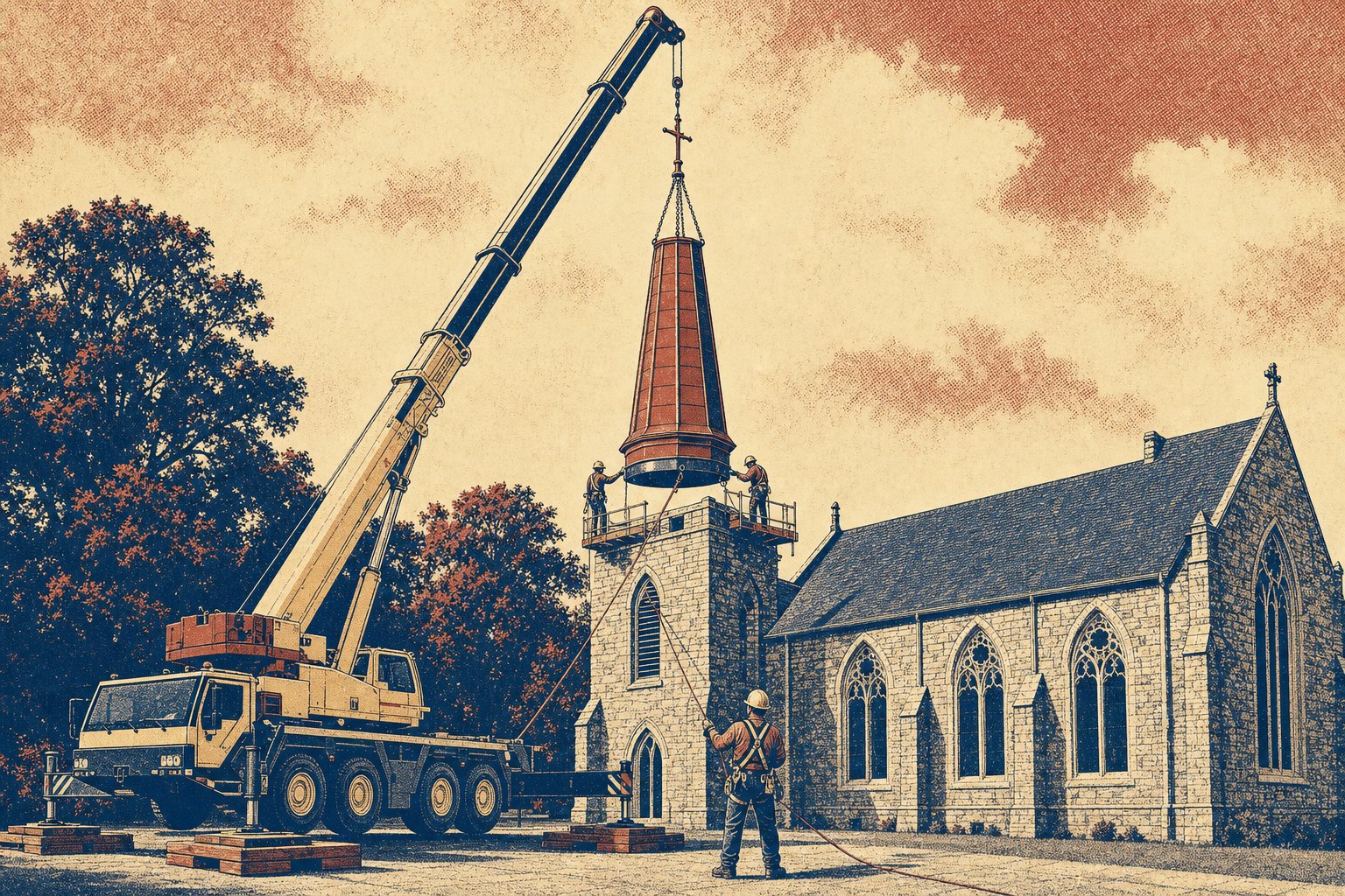 A mobile crane boom holding a copper church steeple stationary above a stone bell tower while two riggers on a work platform bolt the base collar to the tower deck