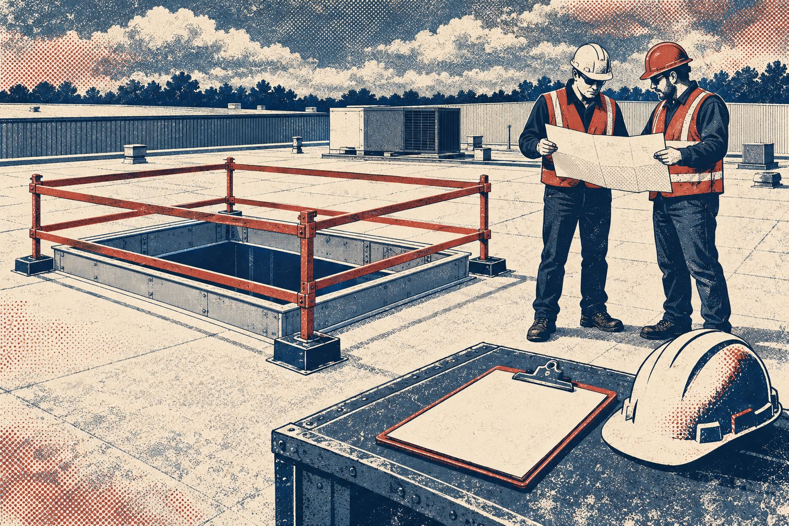 Conceptual illustration of two planners beside a rooftop curb and temporary guardrail