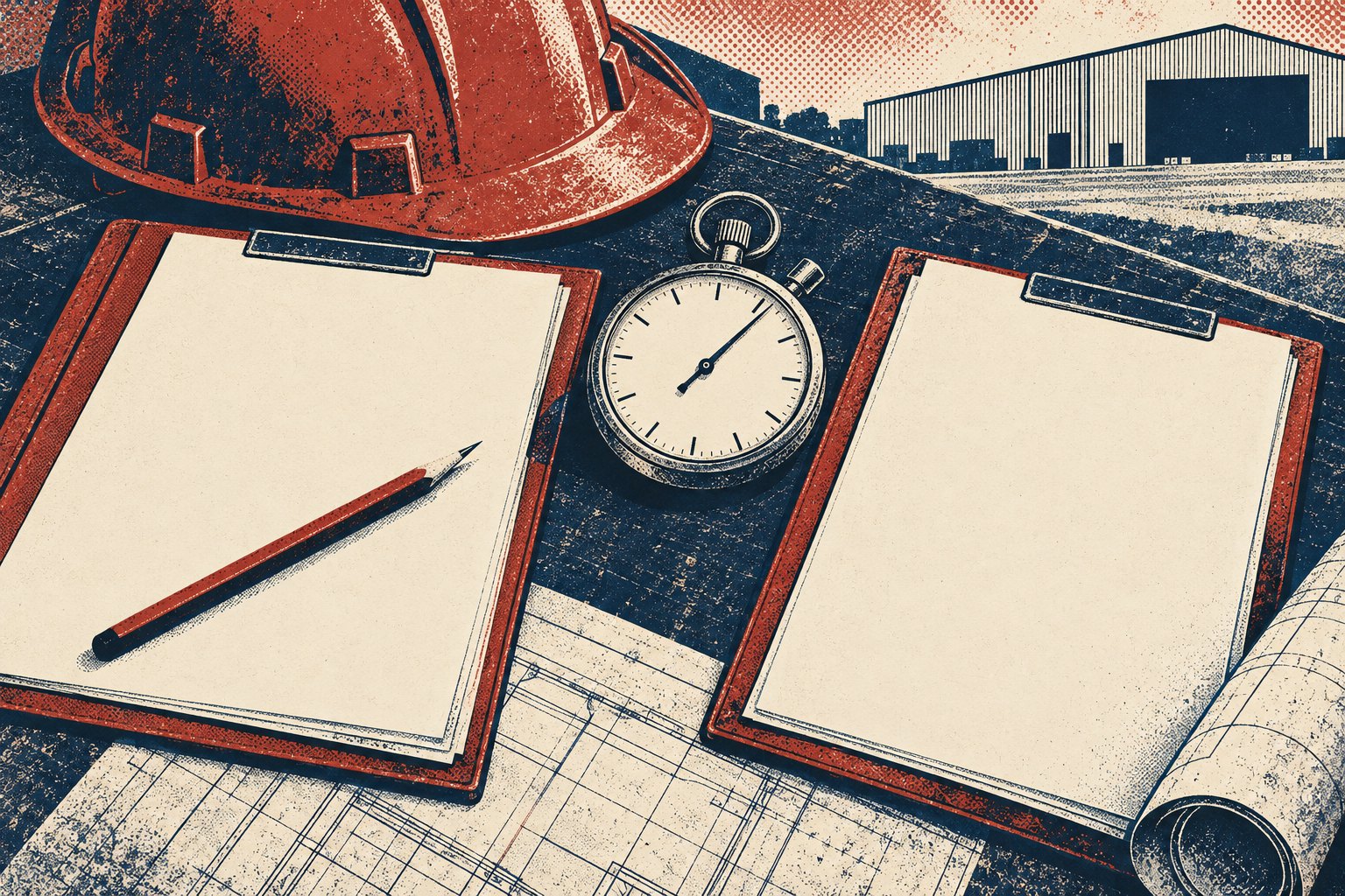 Conceptual illustration of two clipboards beside a stopwatch and hard hat