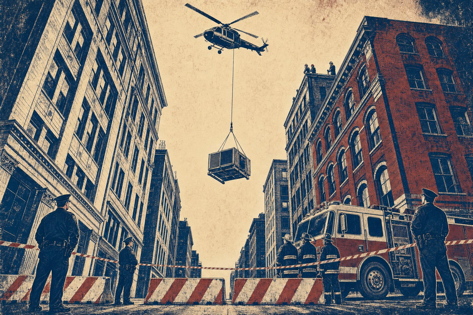 Illustration of a city street closed beneath a helicopter lift, with barricades across the roadway, a fire apparatus standing by, and crews holding the perimeter as a load descends toward a rooftop