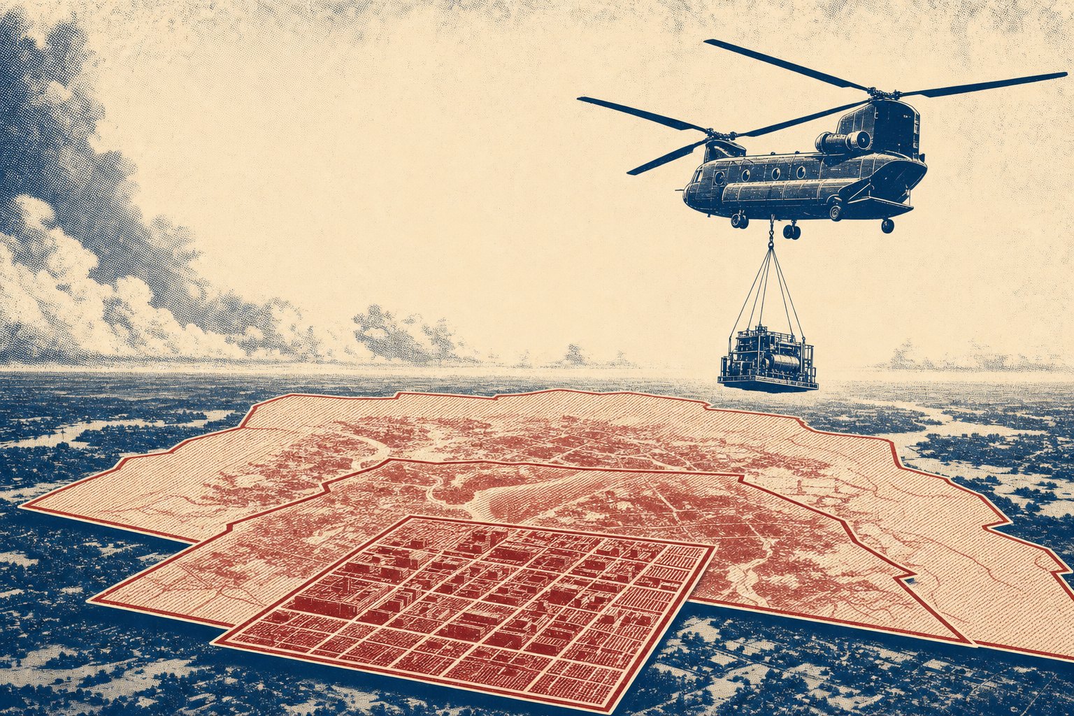 Illustration of a tandem-rotor heavy lift helicopter carrying a slung industrial load above three overlapping outlined boundary sheets laid over the same terrain