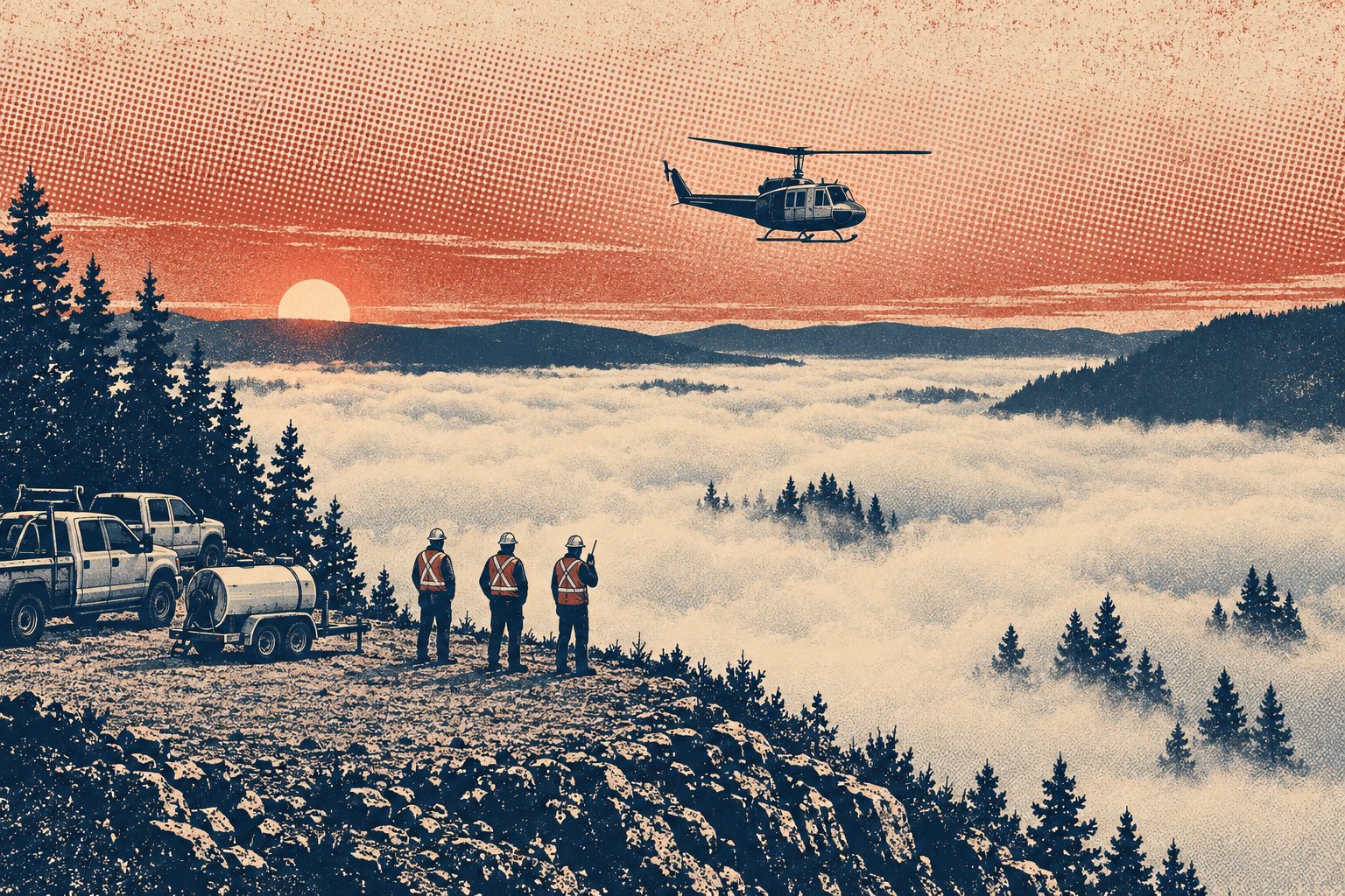 Illustration of three crew members in hard hats and vests on a hillside staging pad beside two trucks and a fuel trailer, looking down at a valley filled with fog at sunrise while a Huey-class helicopter holds a hover above the fog bank