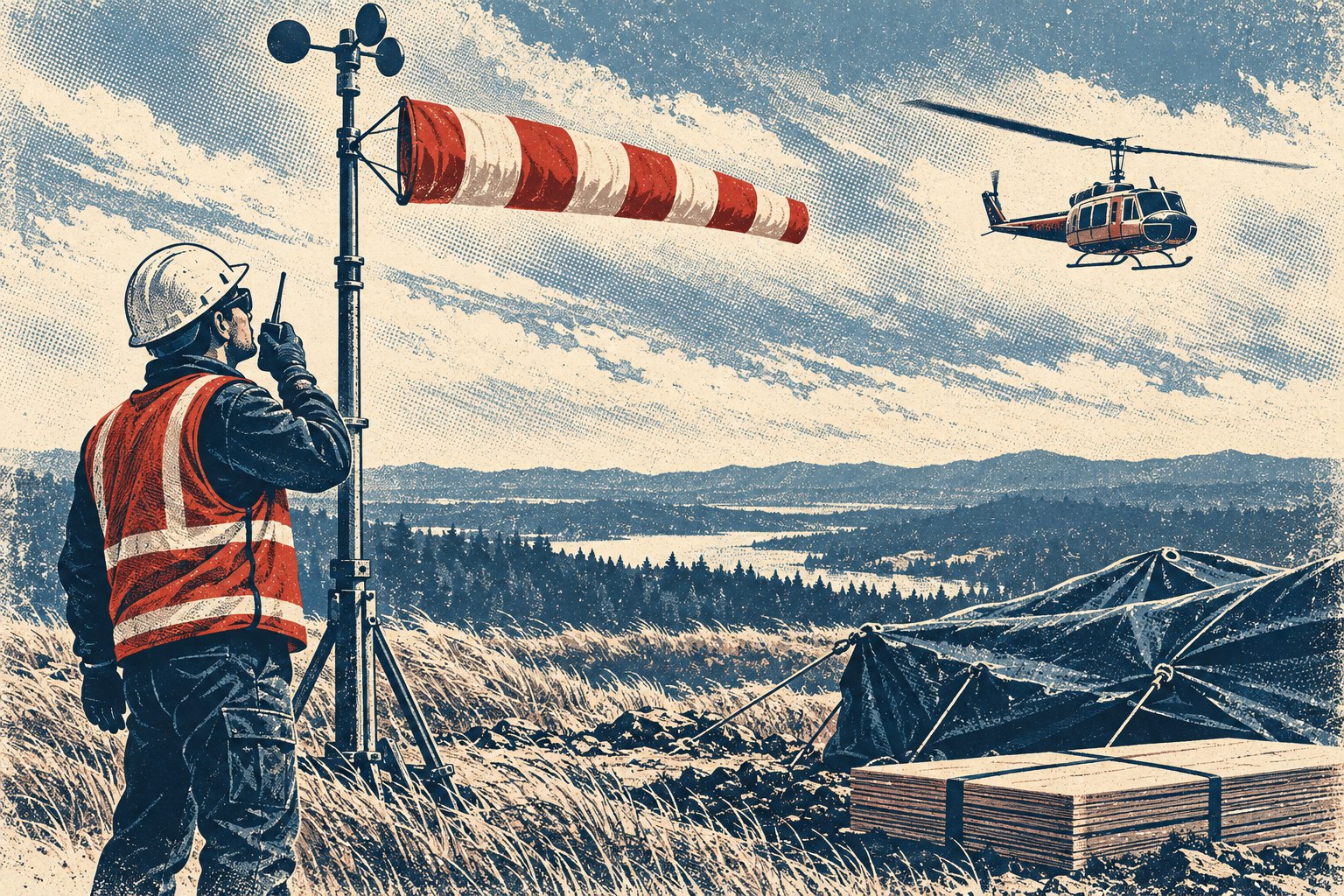 Illustration of a ground crew member in a hard hat and safety vest speaking into a handheld radio beside a mast with an anemometer and a stiff, horizontal windsock, while a Huey-class helicopter holds a hover in the distance and a strapped plywood stack and a tied-down tarp sit in the windblown grass