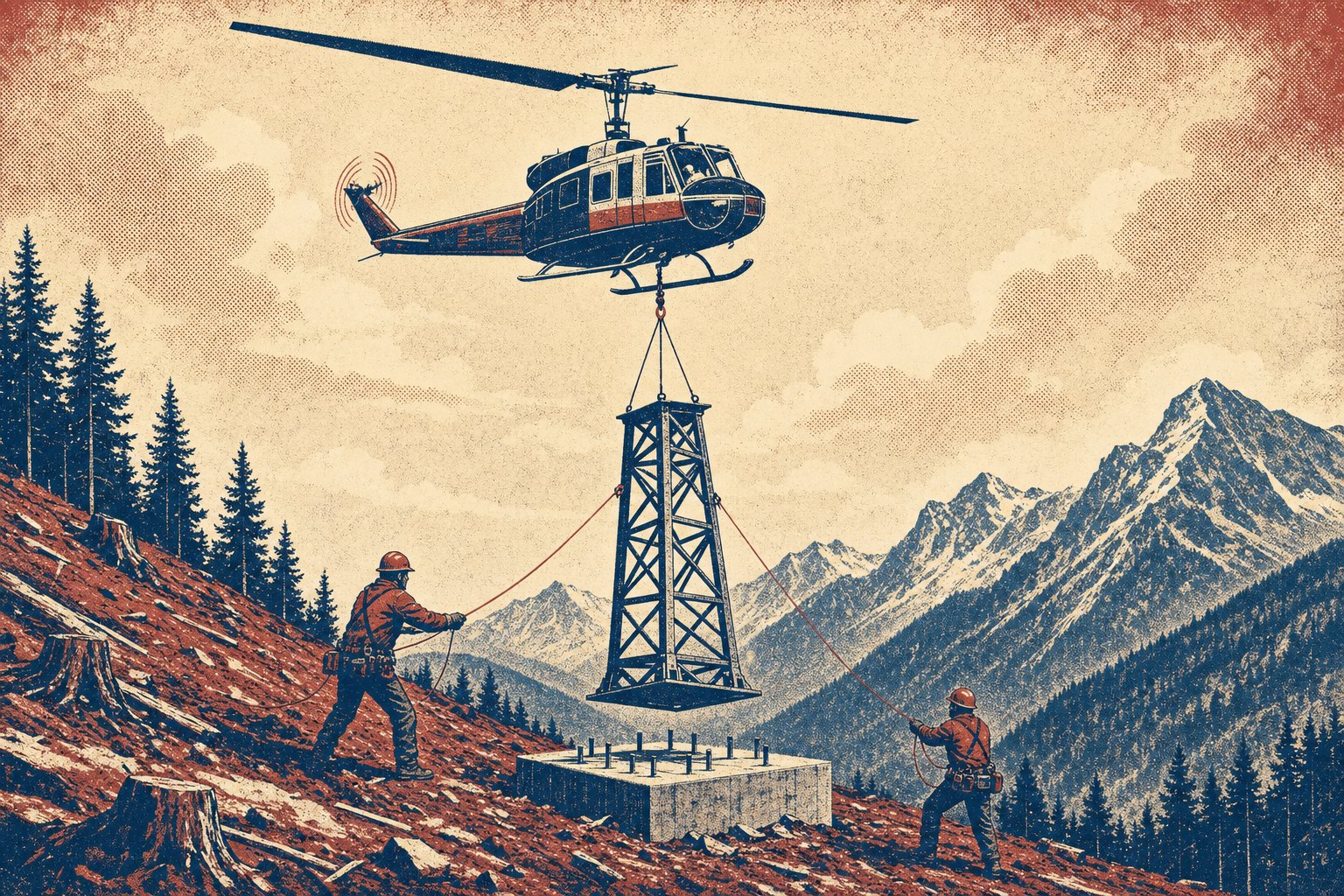 A utility helicopter in a hover lowering a steel lattice ski-lift tower base onto a concrete foundation pad while two ground crew steady it with tag lines on a cleared alpine slope