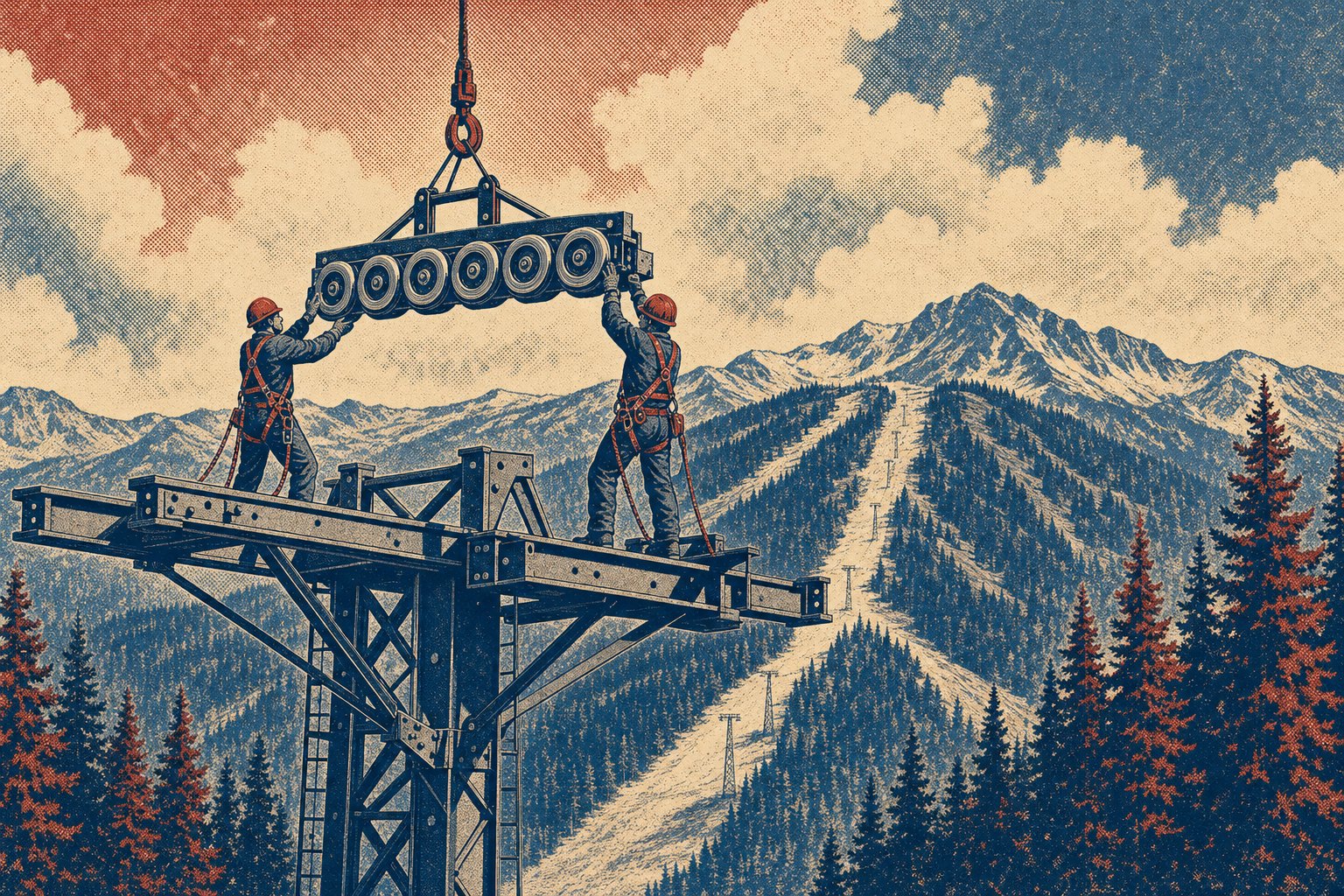 Two workers in hard hats and harnesses standing on a ski-lift tower crossarm, guiding a steel sheave wheel assembly lowered to them on a helicopter longline, with green summer ski runs and mountains behind