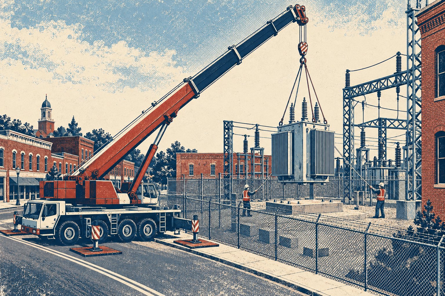 Illustration of a wheeled truck crane on outriggers in a town street reaching over a chain-link fence to lower a radiator-finned power transformer onto a concrete pad inside a substation while two crew hold tag lines