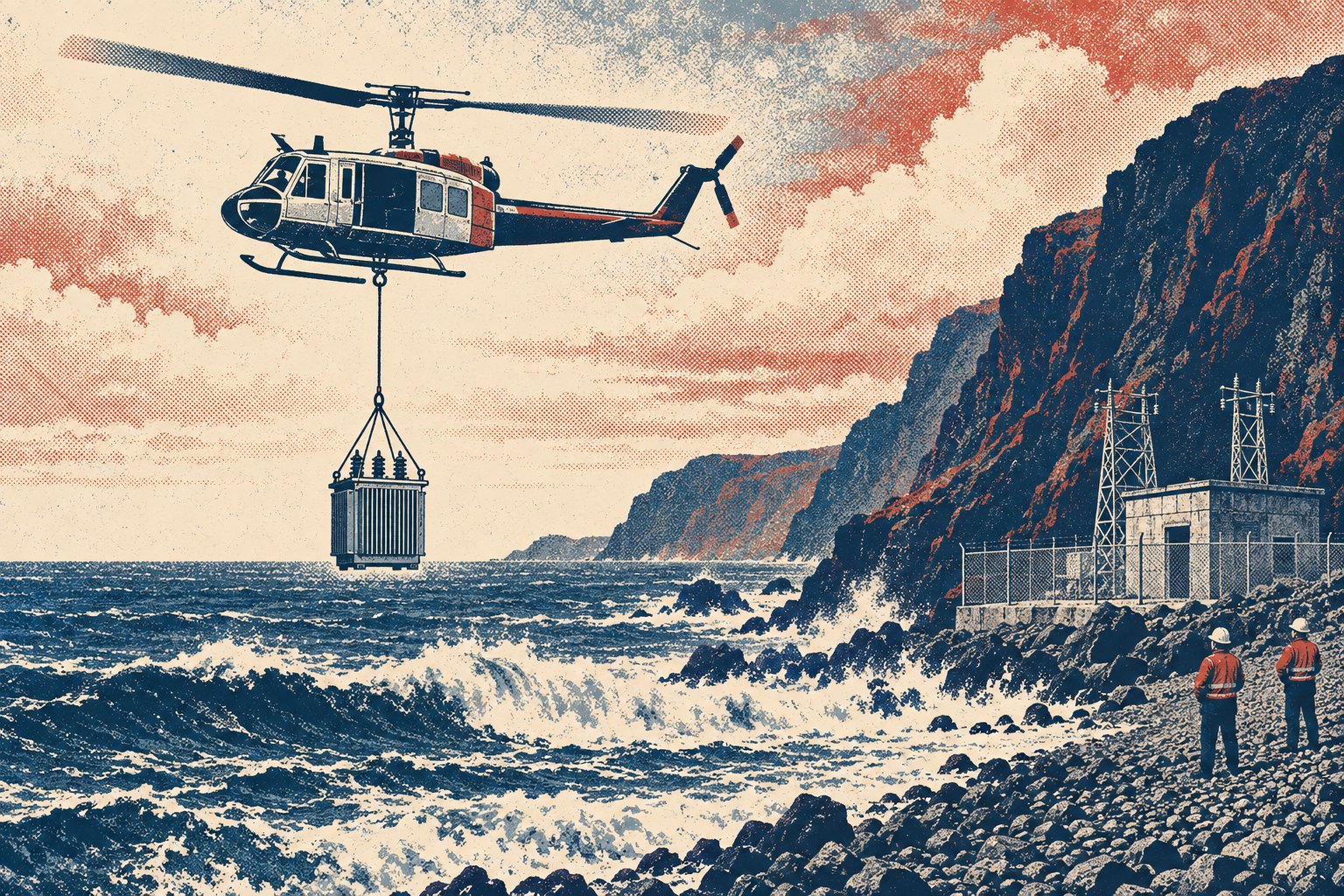 Illustration of a Huey-class medium helicopter carrying a small finned transformer on a single line and four-leg sling away from a cliff-foot transformer station on a pebble beach, with surf breaking below