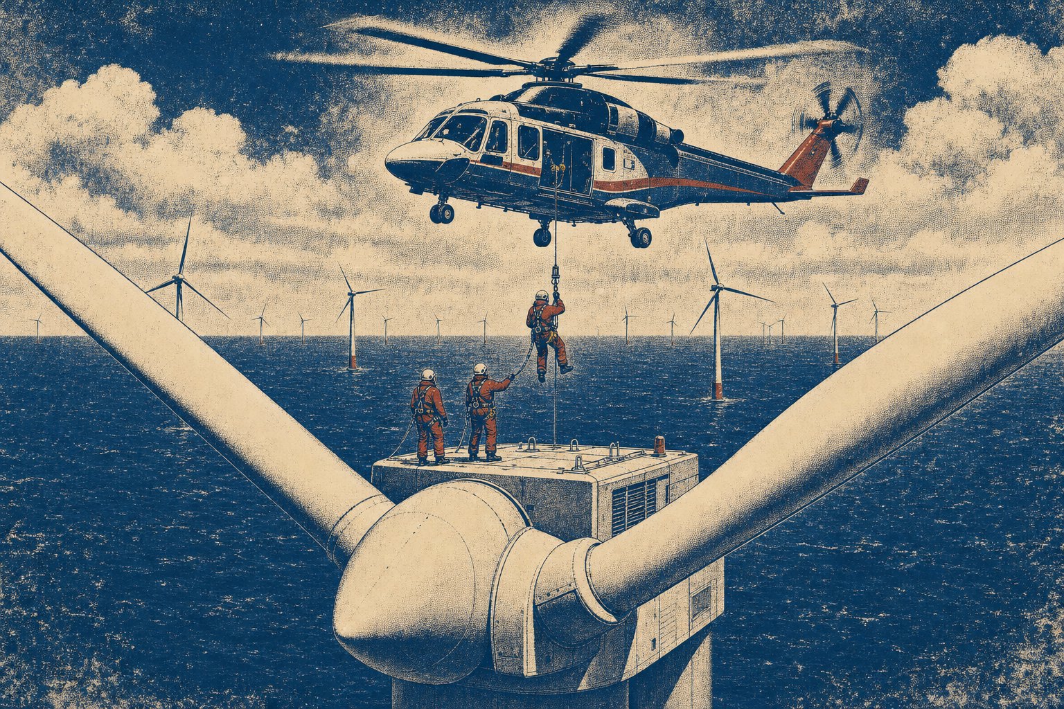 A twin-engine helicopter in a hover above the nacelle roof of an offshore wind turbine, lowering a technician on a hoist cable to two workers standing on the nacelle, with open sea and other turbines behind