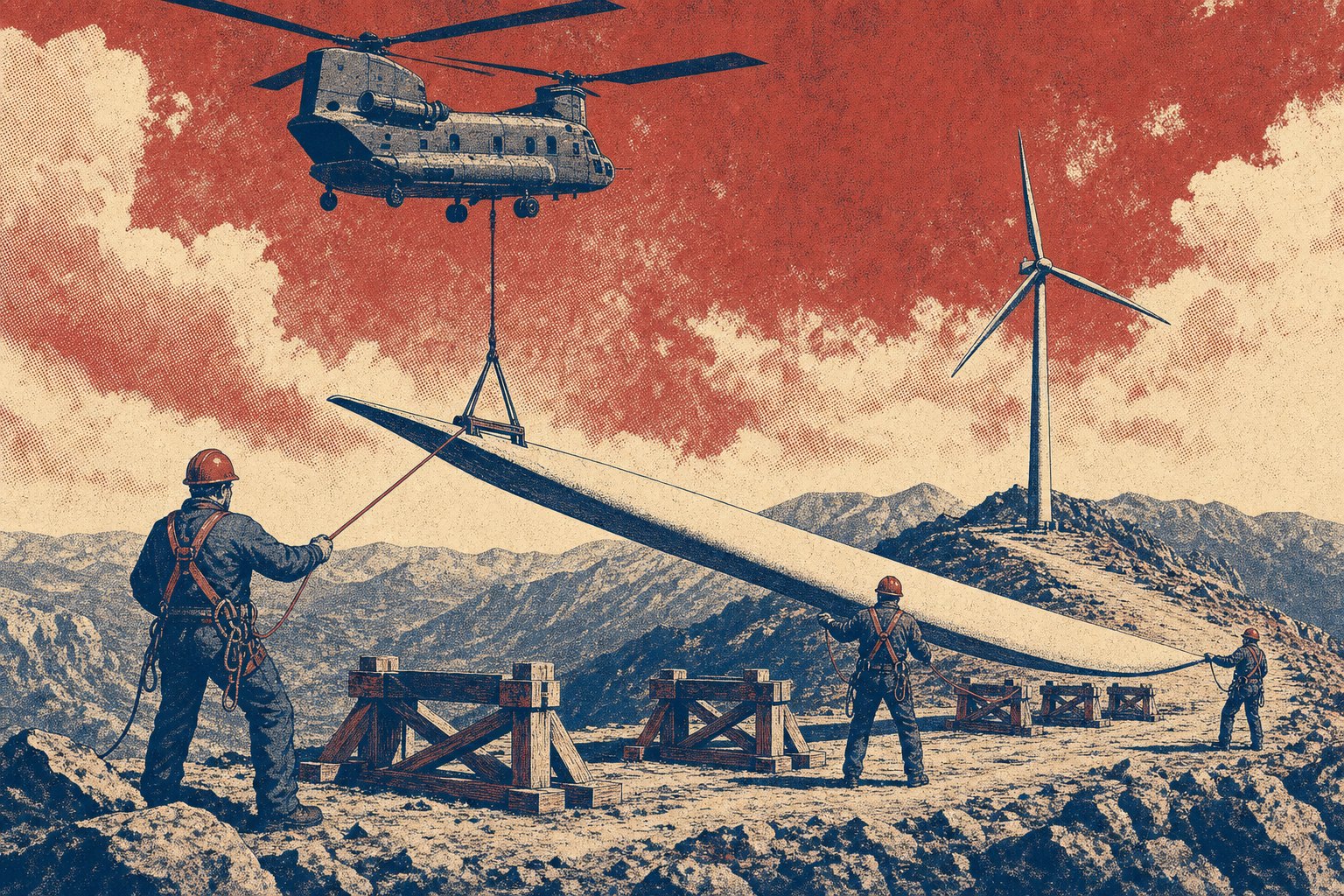 A tandem-rotor heavy-lift helicopter in a hover lowering a single wind turbine rotor blade on a long line onto timber cradles on a bare mountain ridge, while three ground crew in hard hats and harnesses steady it with tag lines and an erected turbine stands further along the ridge