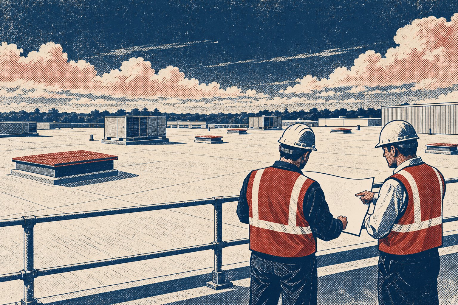 Conceptual illustration of two people reviewing a plan beside rooftop equipment curbs before lifting begins