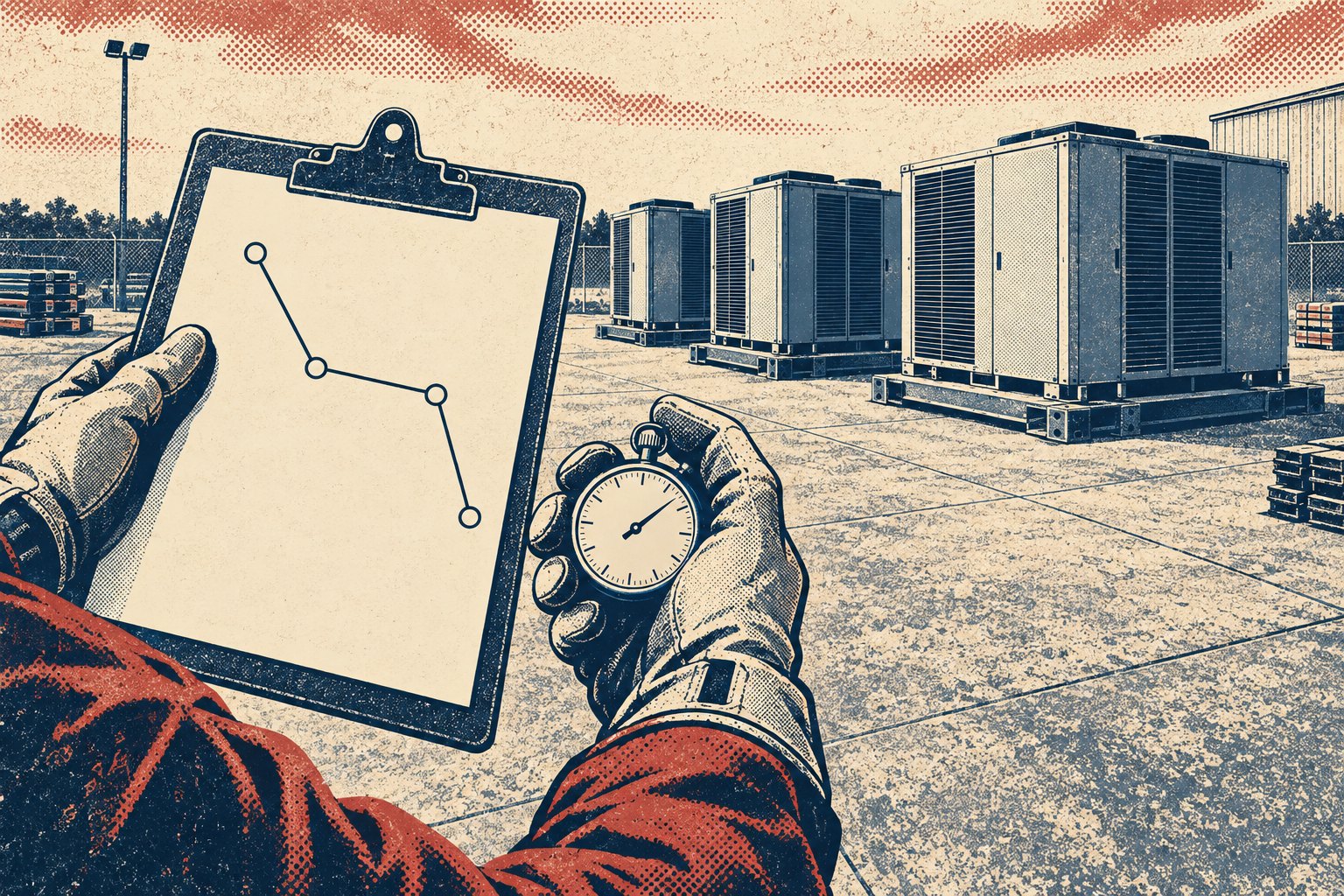 Conceptual illustration of staged rectangular rooftop air-conditioning units beside a clipboard with a simple route sketch and a stopwatch