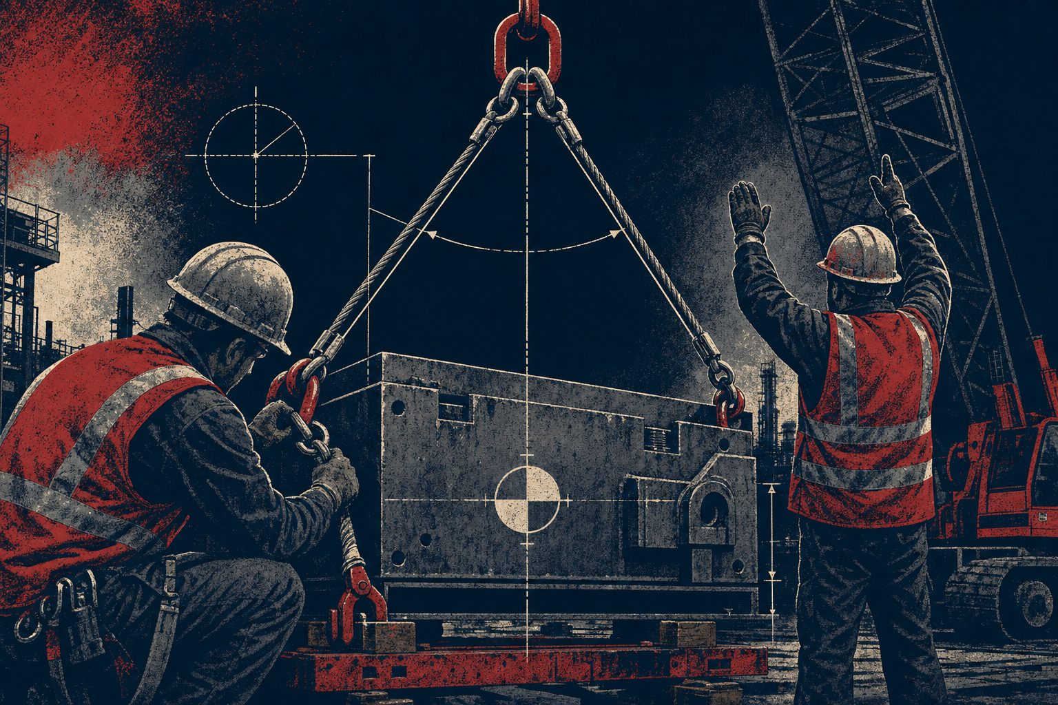 Industrial illustration of a rigging crew checking slings and shackles on a heavy load, with a center-of-gravity crosshair and sling-angle diagram overlaid