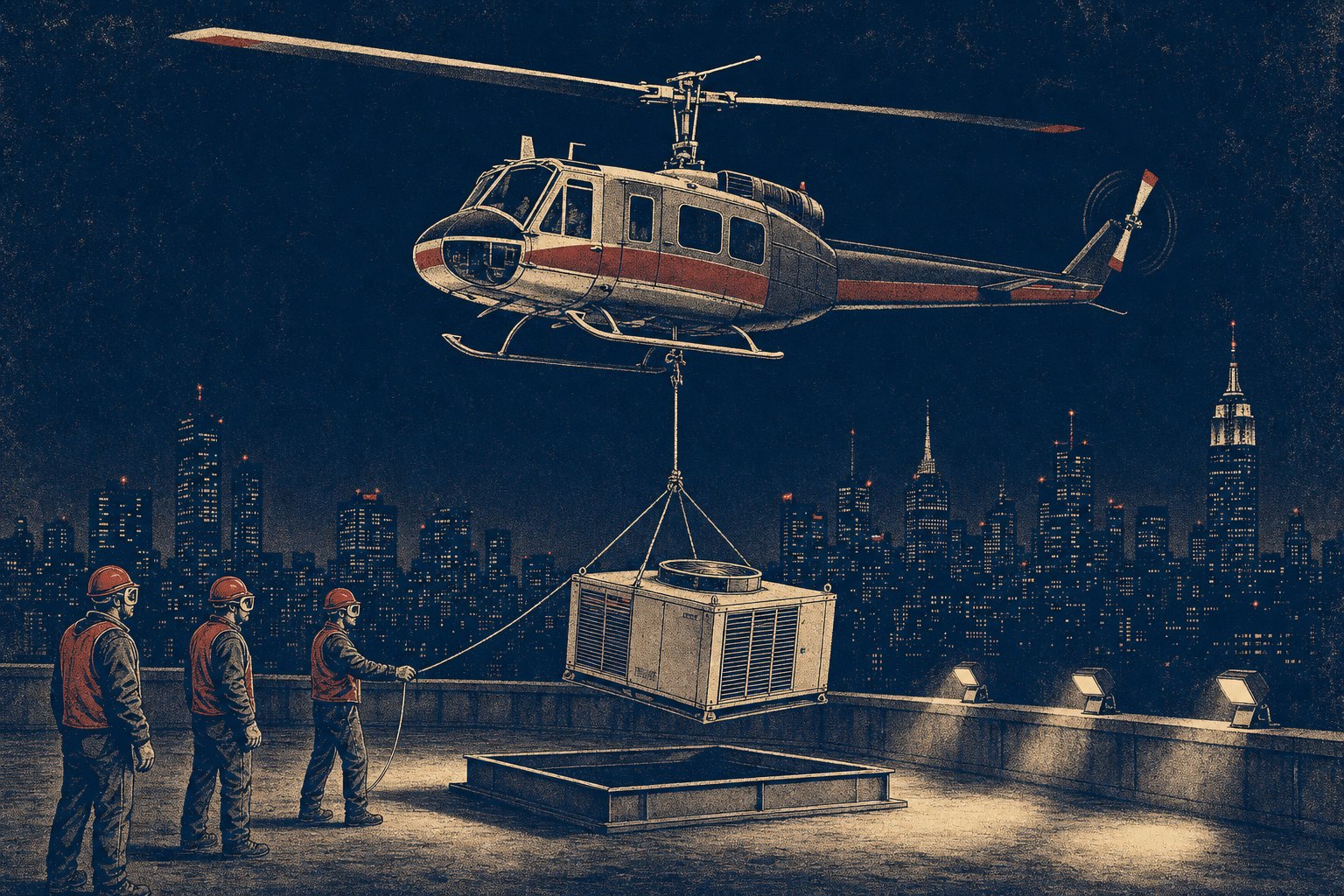 Illustration of a two-blade medium utility helicopter hovering at night above a flat commercial rooftop, a packaged rooftop air-conditioning unit hanging on a single line from the belly cargo hook beneath the main rotor mast into a four-leg sling bridle, with three ground crew in hard hats and goggles waiting beside a steel curb under downward-aimed shielded floodlights and a dark city skyline behind