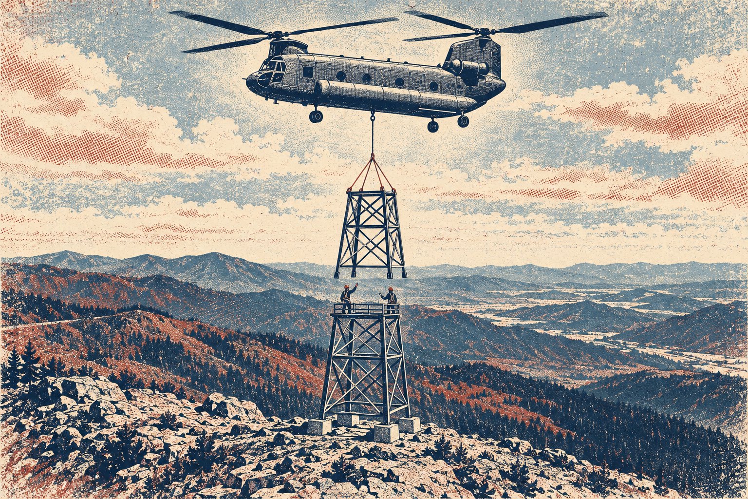 Illustration of a tandem-rotor Chinook helicopter hovering above a bare mountain ridge, a single cable from its center belly hook feeding a four-leg sling that holds an upright steel lattice tower section level above a partly built tower, where two ironworkers in hard hats wait on the top platform, with empty hills and valleys stretching to the horizon