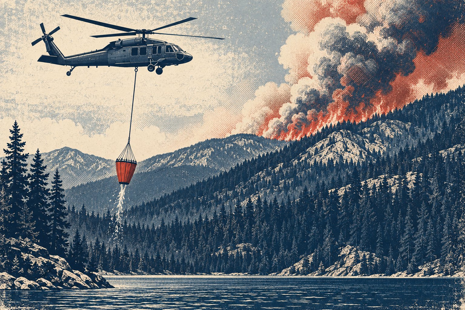 Illustration of a Sikorsky UH-60 Black Hawk type helicopter in forward flight over a forested mountain lake, a single long line running from its belly hook beneath the main rotor to a cone-shaped firefighting water bucket that spills water toward the trees, with a wildfire smoke column rising over the ridge behind and no buildings or roads in view