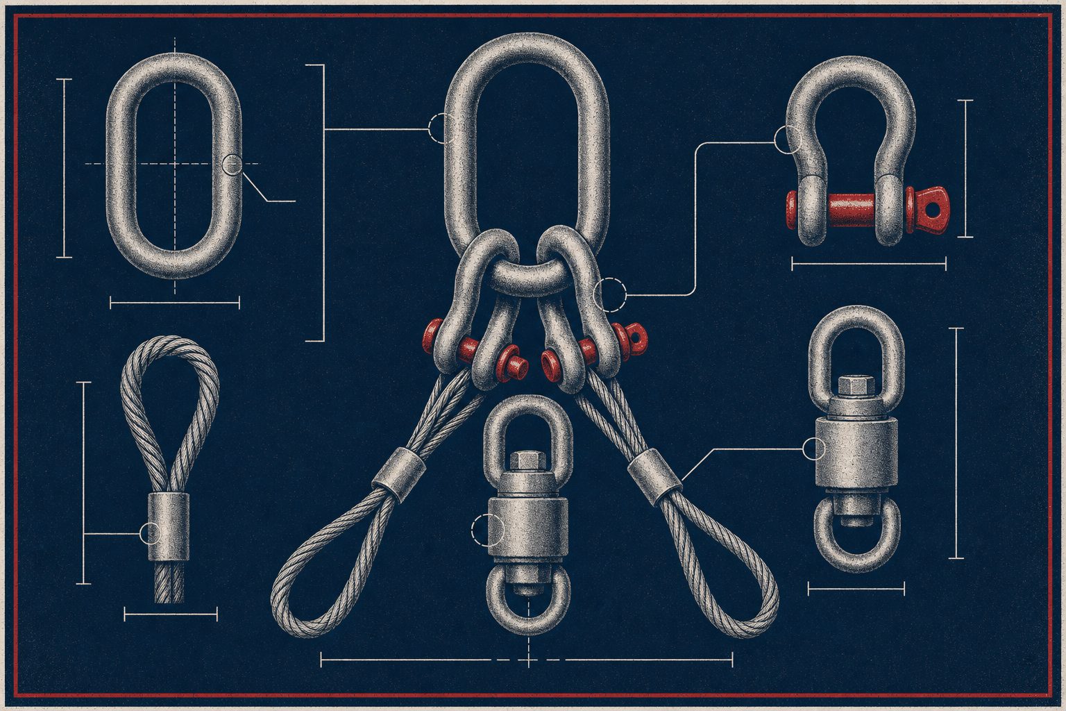 Industrial screenprint illustration of a below-the-hook hardware plate: shackles, master links, a swivel, and a spreader bar laid out with load-rating tags