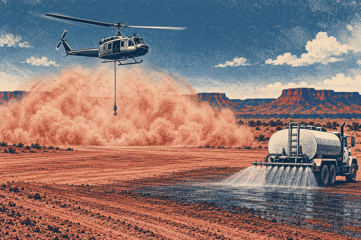 Illustration of a water truck spraying a graded dirt pad while a Huey-class medium helicopter hovers over the far edge of the site with an empty hook on a single line, raising a dome of dust from the dry ground beneath it