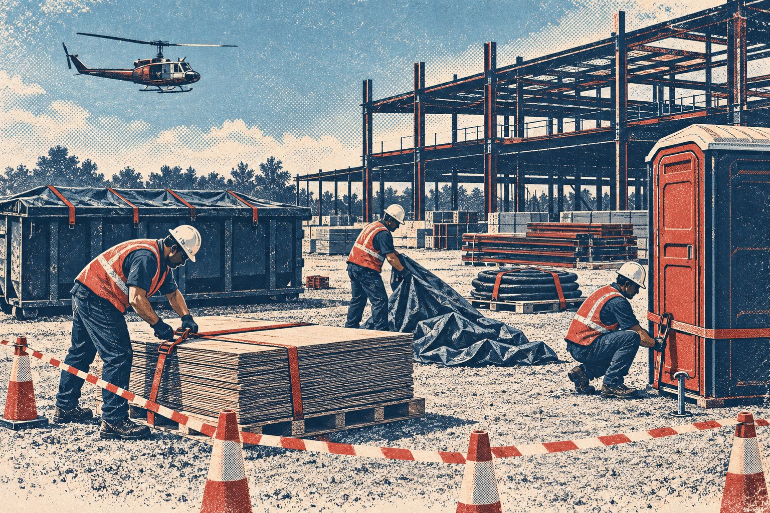 Illustration of construction workers in hard hats strapping a stack of plywood to a pallet, removing a loose tarp and tying down a portable toilet in a staging yard while a medium helicopter approaches in the distance