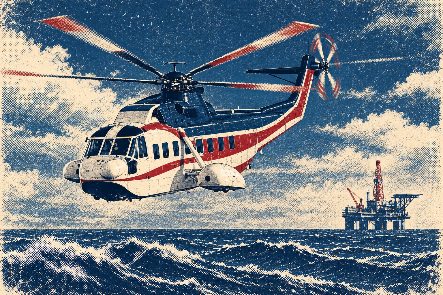 Illustration of an amphibious Sikorsky S-61N in level flight above a rough sea with an offshore oil platform and derrick on the horizon, showing the boat-shaped hull, a row of cabin windows, sponsons on each side of the hull, two engines above the cabin, a five-blade main rotor and a raised tail pylon with a tail rotor