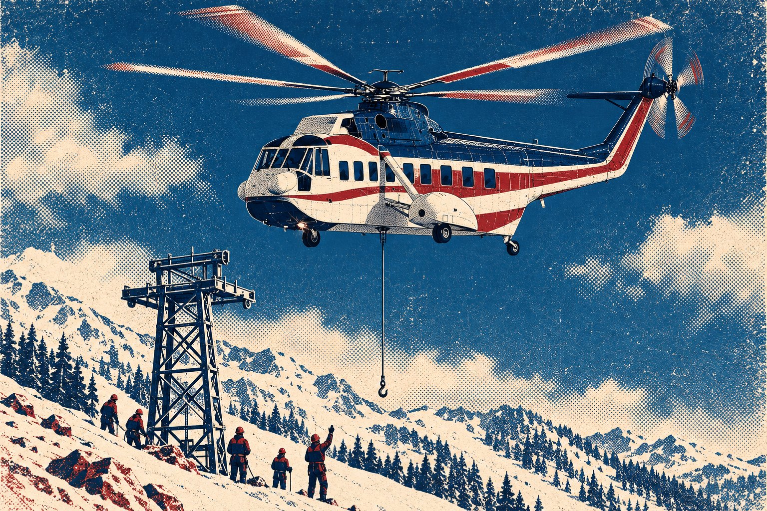 Illustration of a Sikorsky S-61 in a hover above a steep snow-covered ski slope beside an unfinished lattice ski lift tower, with a crew in hard hats on the slope below and an empty steel line with a bare hook hanging from the belly hook on the hull centerline beneath the main rotor mast