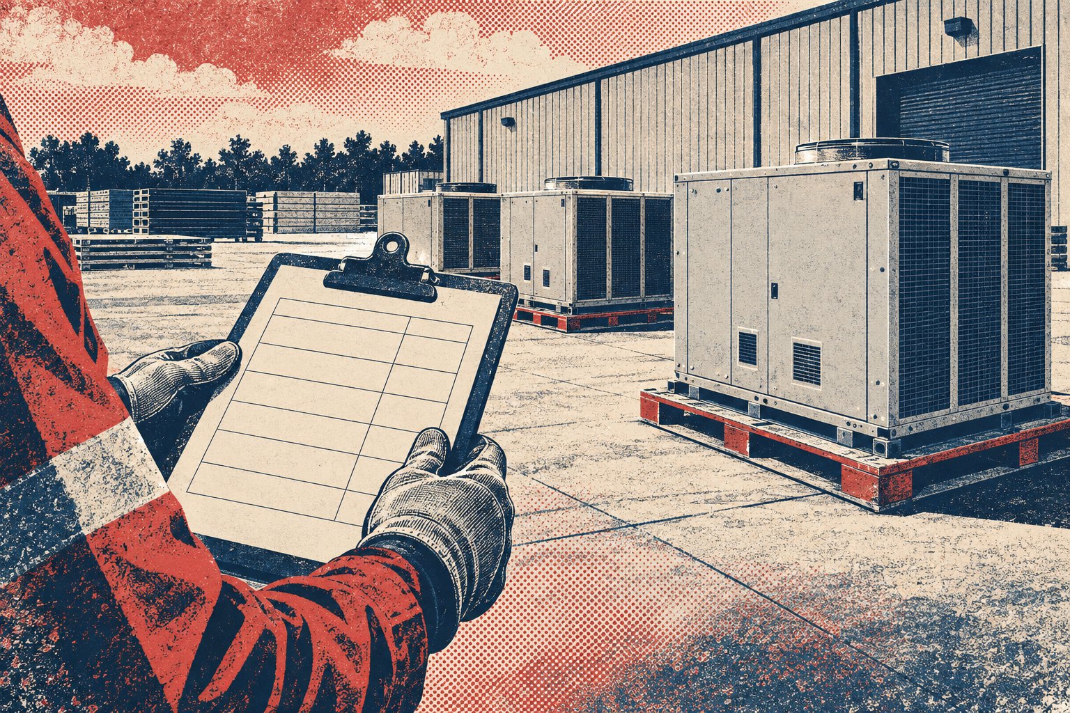 Conceptual illustration of a planner with a clipboard beside rectangular HVAC equipment staged on the ground