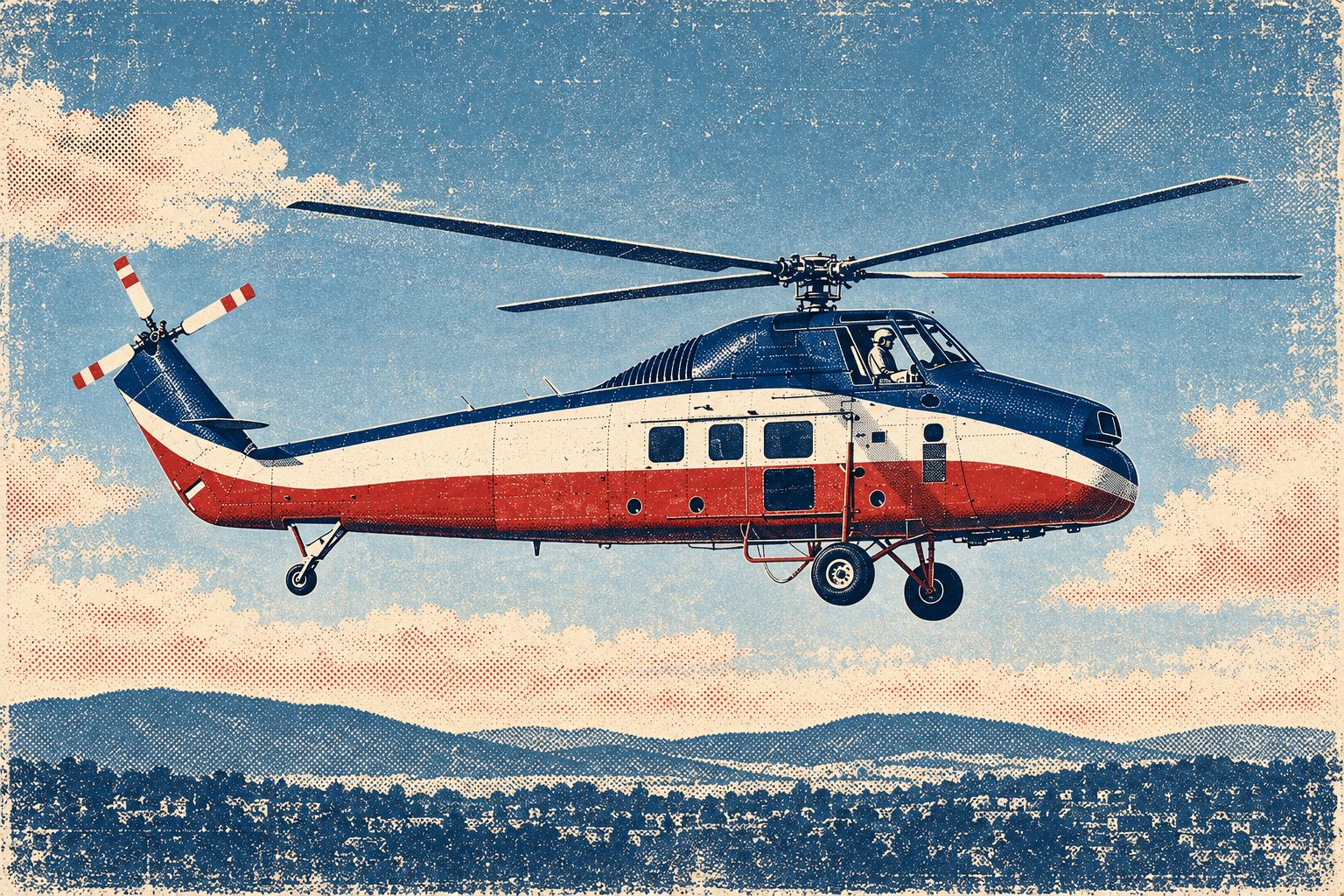 Conceptual side-profile illustration of a Sikorsky S-58T in flight without an external load