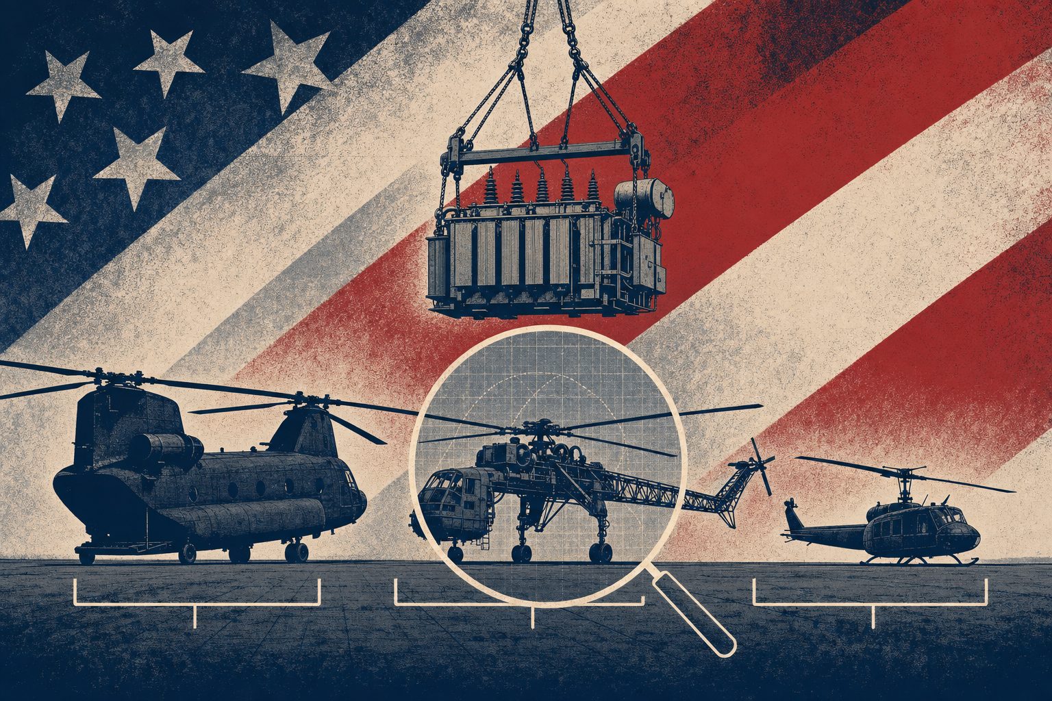 Industrial screenprint illustration of aircraft selection for a heavy lift, matching a helicopter airframe to a slung load against a site profile