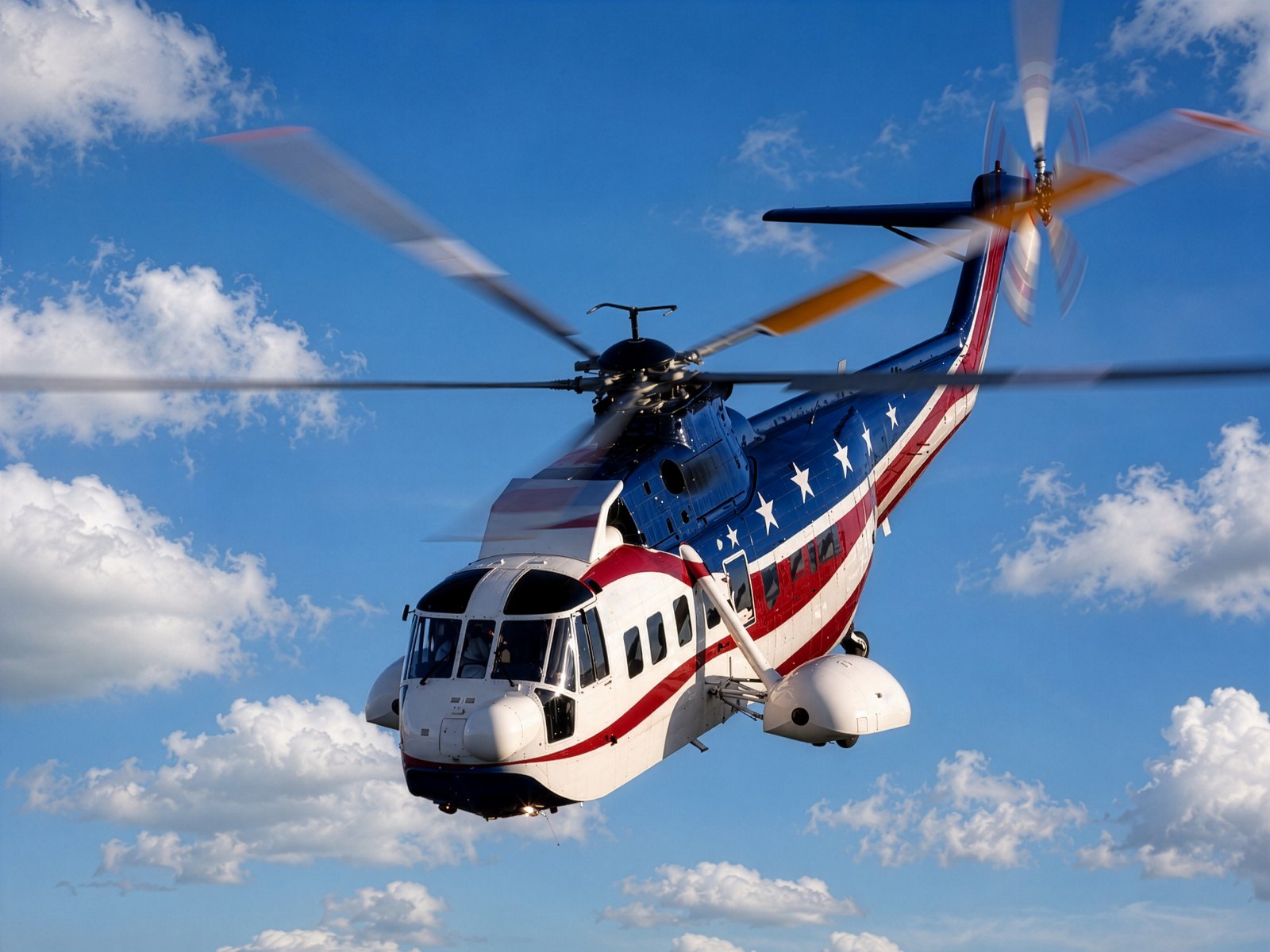 Sikorsky S-61 in flight against clouds with a flag-themed livery