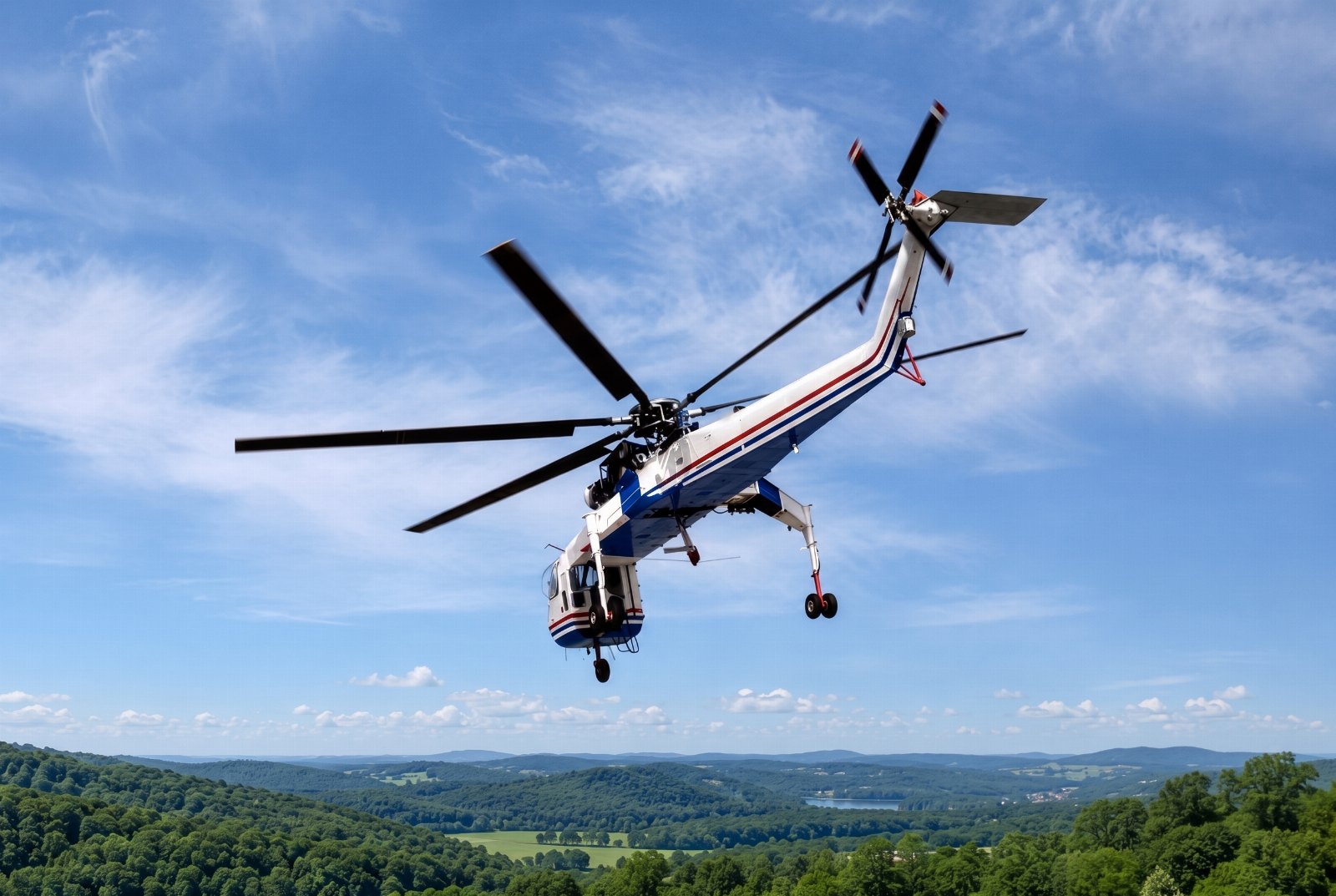 S-64 Skycrane banking overhead above forest canopy