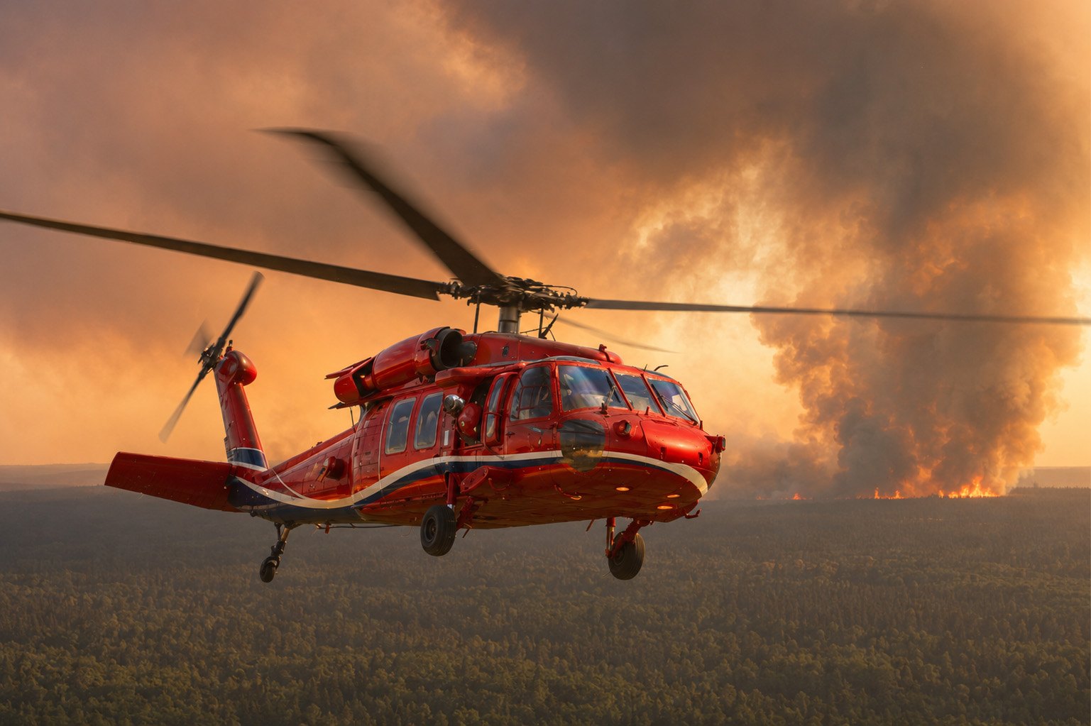 UH-60 Black Hawk flying over a forest wildfire with smoke below