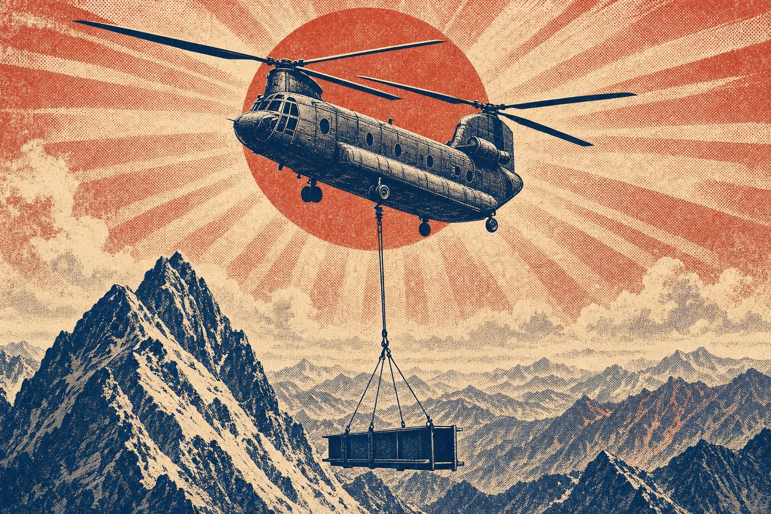 House-style illustration of a tandem-rotor heavy lift helicopter carrying a slung steel load above a high mountain range, backlit by a hot sun