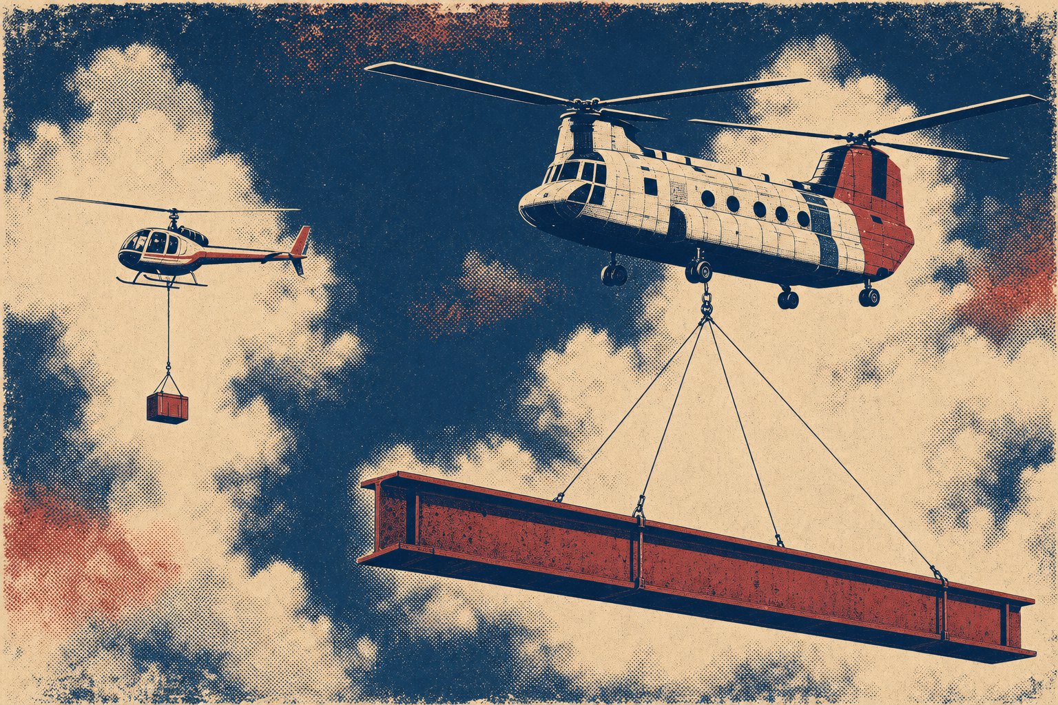 House-style illustration comparing a light single-rotor helicopter carrying a small crate against a much larger tandem-rotor helicopter carrying a long steel girder on a four-leg sling