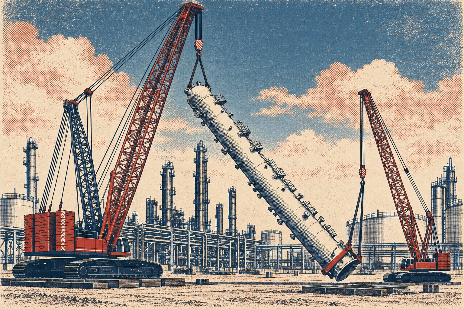 Illustration of two lattice-boom crawler cranes upending a long steel refinery process column, the large main crane lifting the top end on two sling legs while a smaller tailing crane holds the skirted base just off the ground, the vessel inclined at about forty-five degrees in front of pipe racks and towers