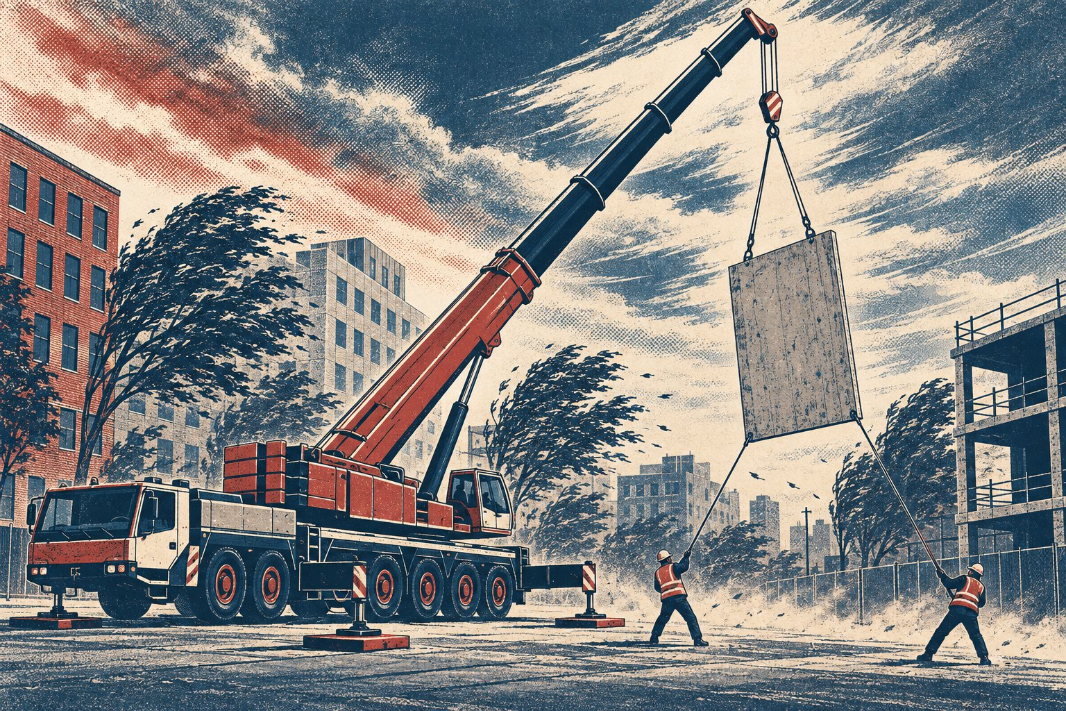 Illustration of a wheeled all-terrain crane with outriggers extended on an urban lot, its telescopic boom raised high and holding a flat precast concrete wall panel by two slings while two ground workers pull tag lines against a strong wind that bends the street trees under fast low cloud