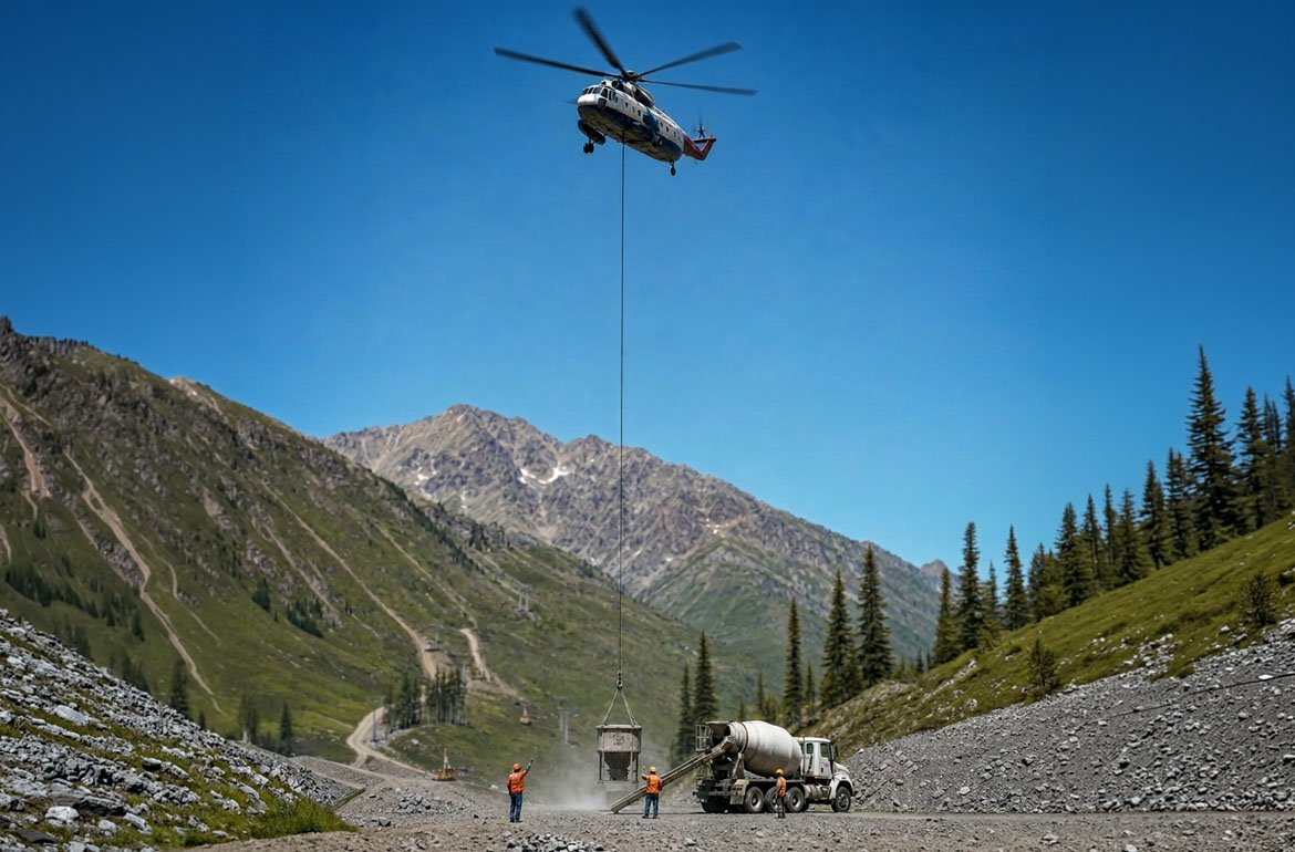 Ground crew in high-visibility gear signaling a Sikorsky S-61 as a concrete bucket on a longline descends to a mountain staging area