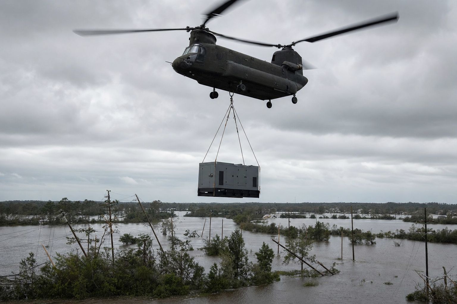 Tandem-rotor heavy lift helicopter carrying a skid-mounted generator set on a sling line over flooded terrain with downed power lines below