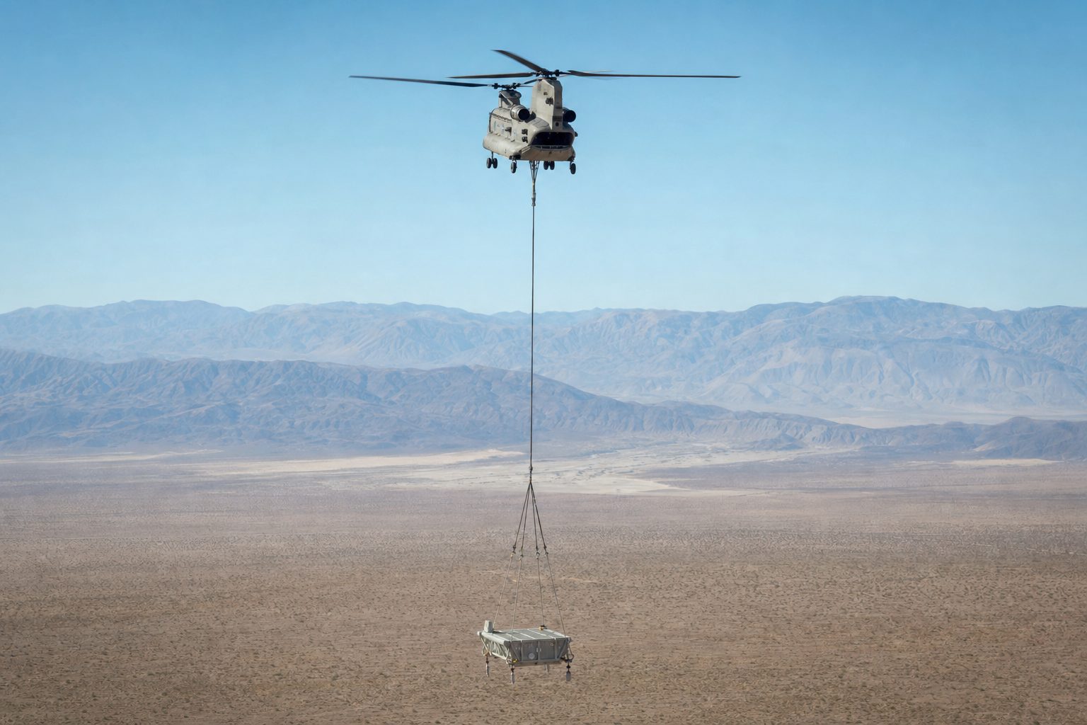 Tandem rotor helicopter holding a hover over a desert test range with an instrumented test article suspended on a single cable