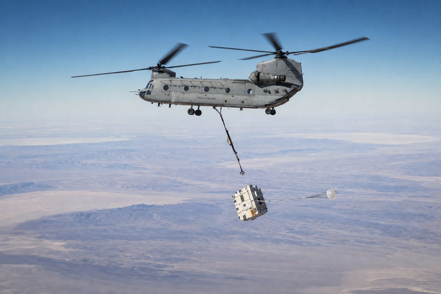 Tandem-rotor heavy lift helicopter at high altitude at the instant of external load release, with an instrumented test article separating below the cargo line and a drogue parachute beginning to stream