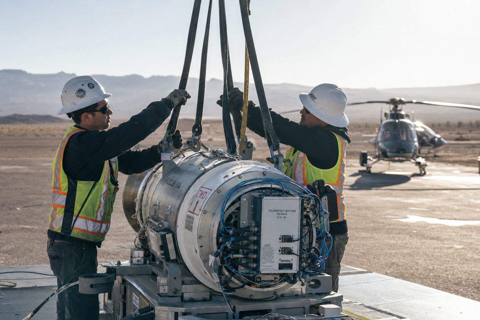 Two technicians in hard hats and safety vests attaching a four-leg sling set to a cylindrical instrumented test article with telemetry housing at a desert range staging pad