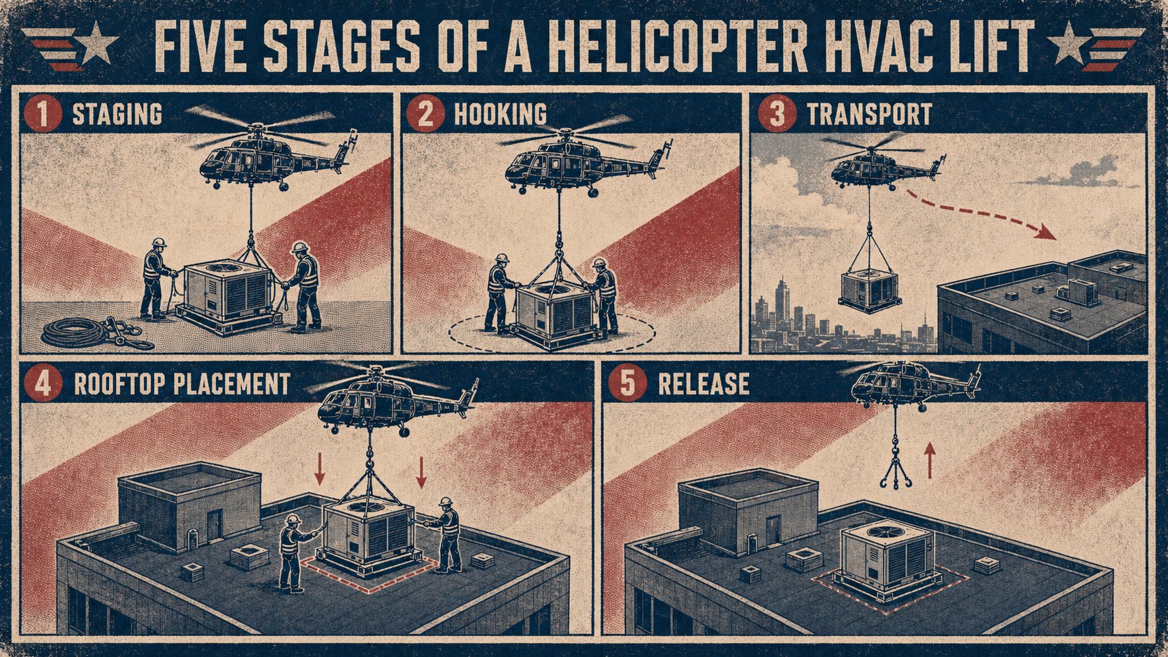 Vintage poster-style infographic of the five stages of a helicopter HVAC lift: staging, hooking, transport, rooftop placement, and release
