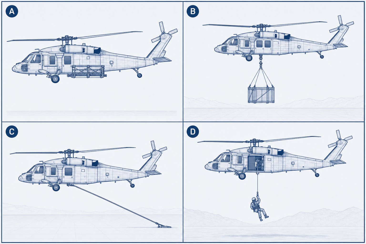 Schematic of the four FAA rotorcraft external load classes: a fixed external rack for Class A, a jettisonable cargo hook load in free flight for Class B, a pulled line remaining in contact with the ground for Class C, and a person carried on a hoist line for Class D