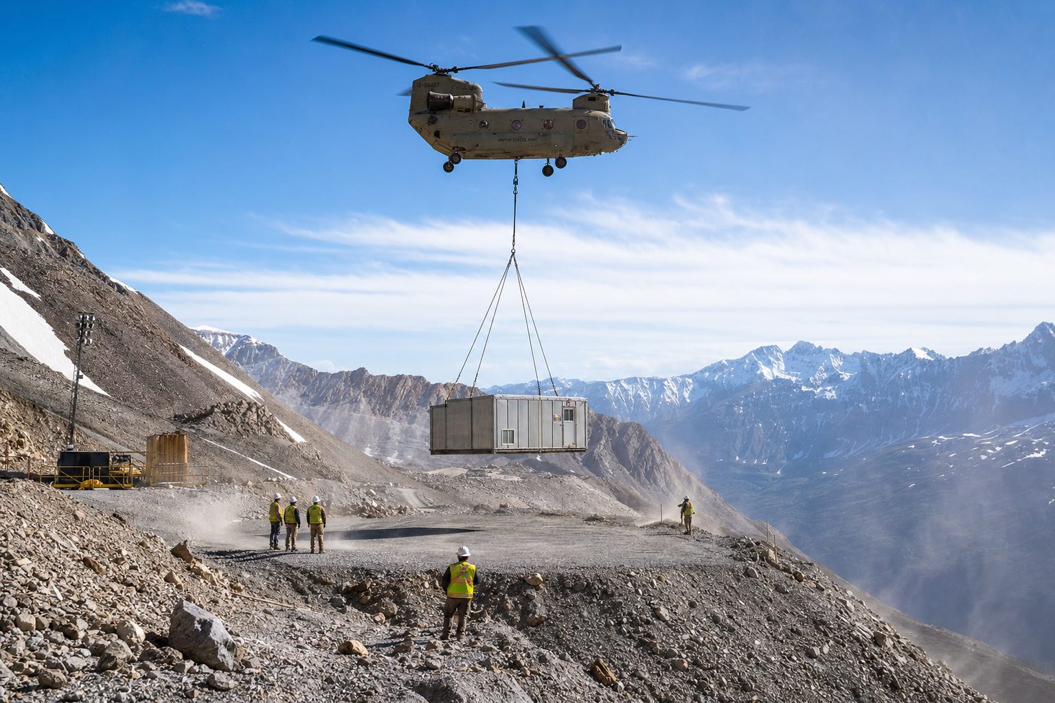 Tandem-rotor heavy lift helicopter delivering a steel camp module on a longline to a graded bench at a mountainside mine site